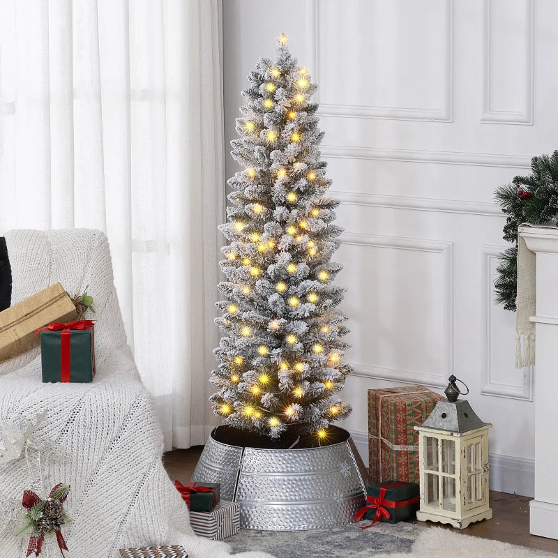 HOMCOM 5FT Prelit Pencil Christmas Tree with Warm White LED Lights, Slim Artificial Snow Flocked Xmas Tree with Metal Base 