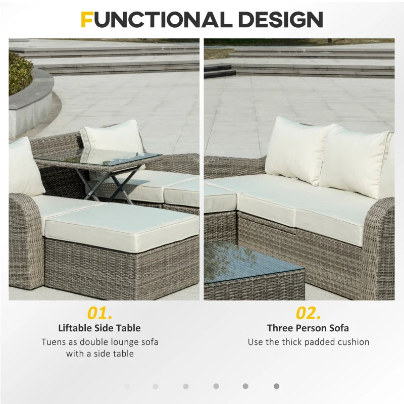 Outsunny 3 Pieces Wicker Patio Furniture Set with Liftable Middle Table, Aluminum Frame Full Assemblied Outdoor Sectional Conversation Sofa Set with 4" Thick Padded Cushions, Beige