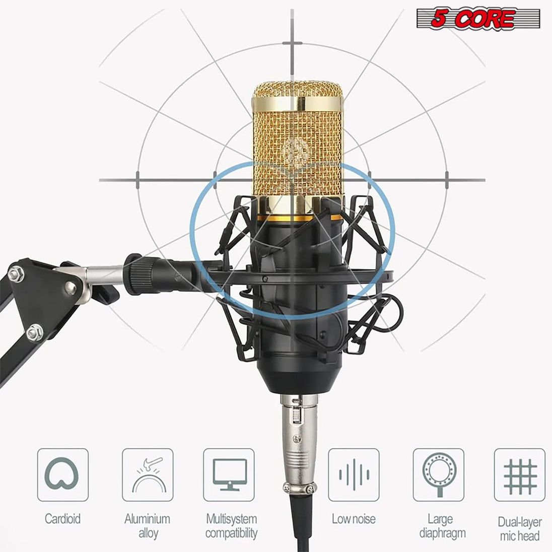 5Core Recording Microphone Podcast Bundle Professional Condenser Cardioid Mic Kit w Boom Arm REC SET