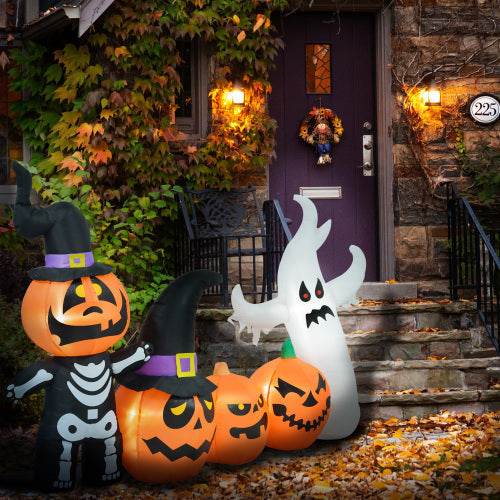 HOMCOM 7.5ft Halloween Inflatables Pumpkin Ghost Family, Blow Up Halloween Decorations Outdoor LED Yard Display, Waterproof 