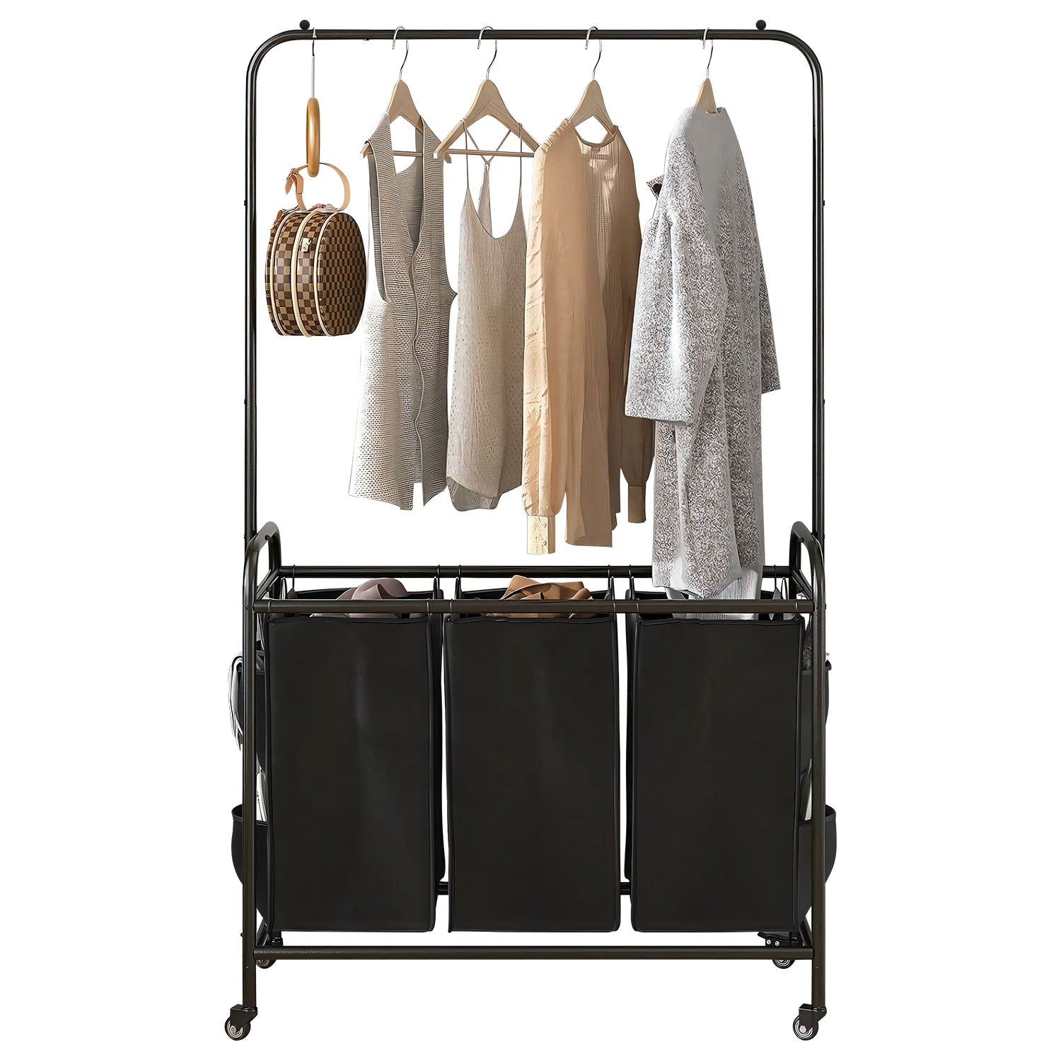 3 Bags Laundry Sorter with Garment Hanging Bar Laundry Hamper Rolling Cart Laundry Basket Organizer with Lockable Wheels 3 Removable Bags 