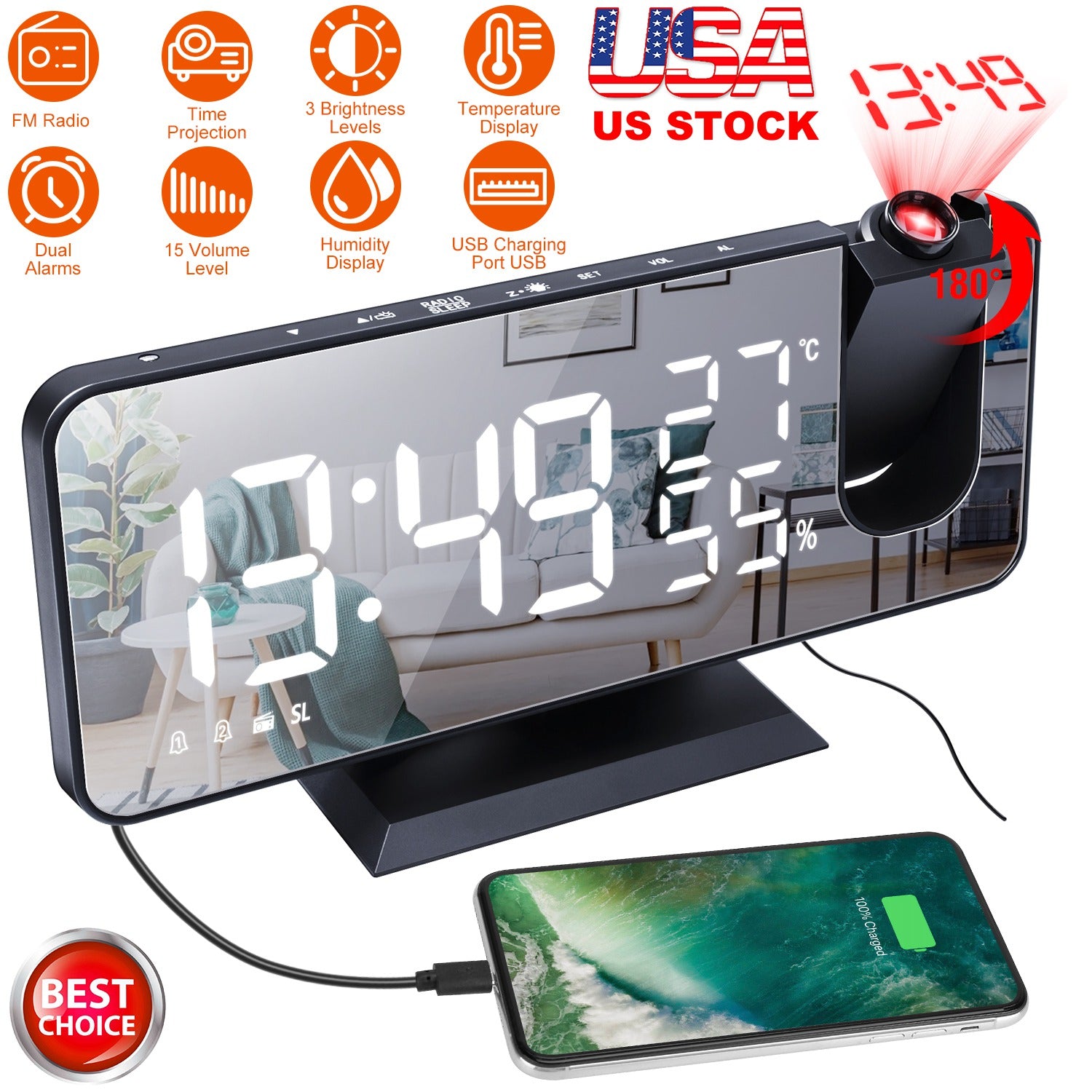 Projection Alarm Clock with Radio Function 7.5In Mirror LED Digital Alarm Clock w/ Dual Alarms 4 Dimmer 12/24 Hour USB Port