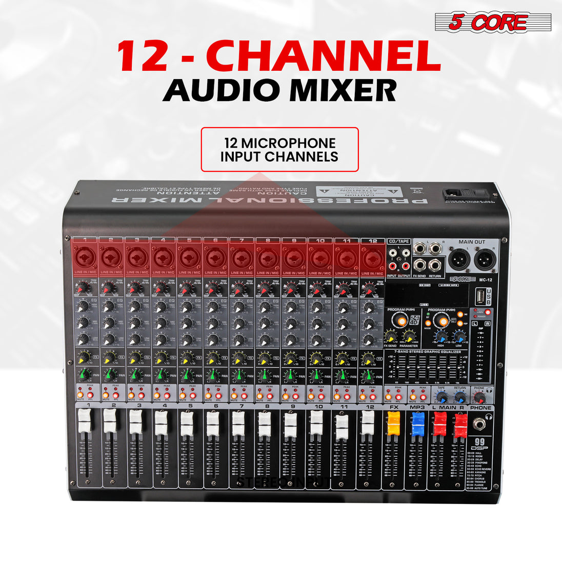 5 Core Audio Mixer 12 Channel DJ Equipment with Bluetooth USB Console Sound Board