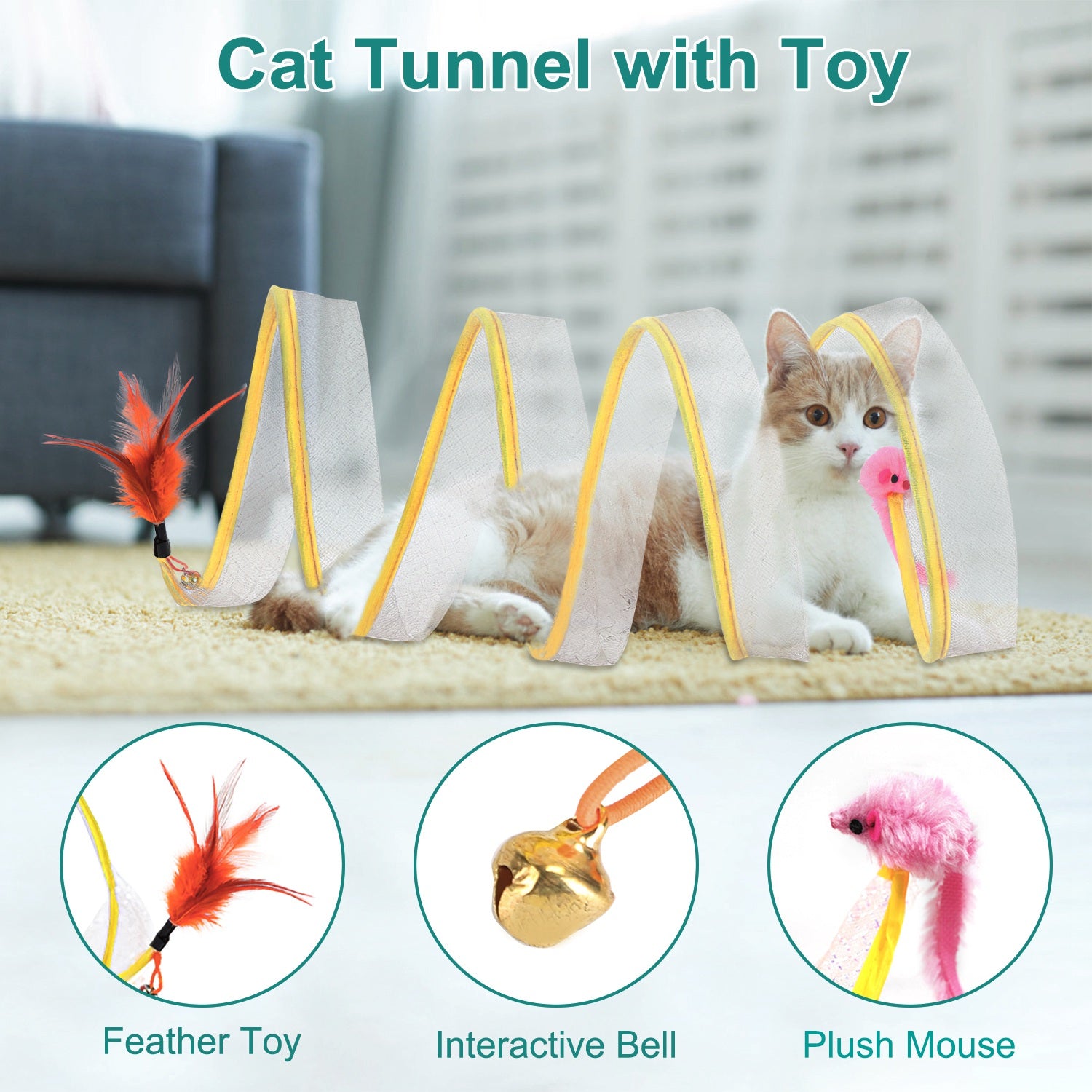 2Pcs Foldable Cat Tunnel with Bell Feather Mouse Toys Collapsible Indoor Cat Spring Tube with Interactive Toy for Kittens Cats