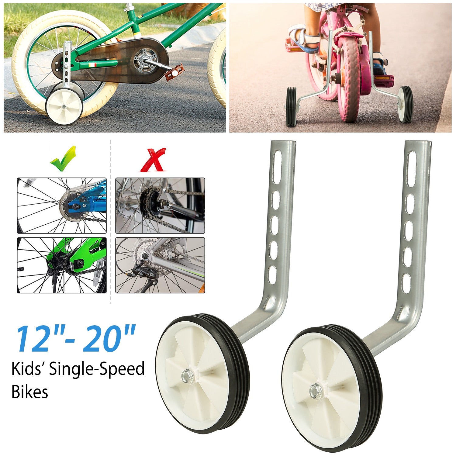 Bicycle Training Wheels Adjustable Kids Children Bike Stabilizer Wheel for 12"- 20" Bike 