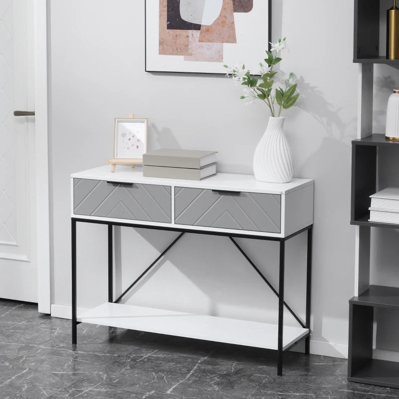 Modern Console Table with 2 Drawers, 2 Tier Entryway Table with storage Shelf, Narrow Sofa Table for Living Room, Hallway, White