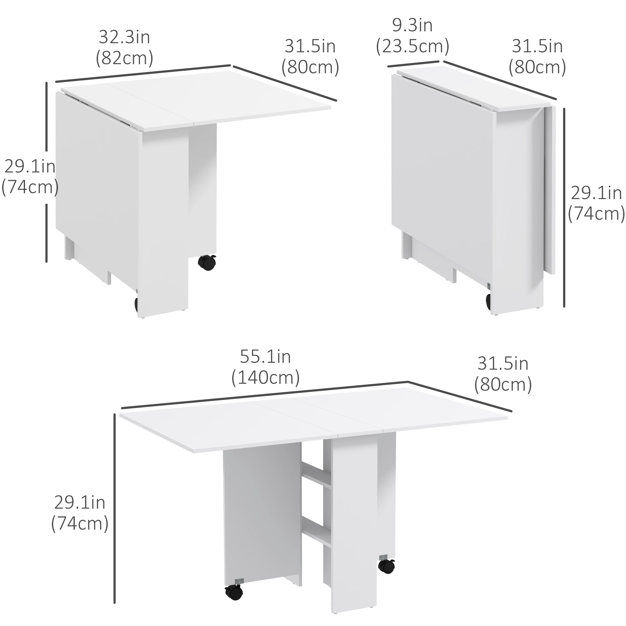 HOMCOM Foldable Drop Leaf Side Table Console Writing Desk with Storage Shelves 2 Wheels for Kitchen White Finish 