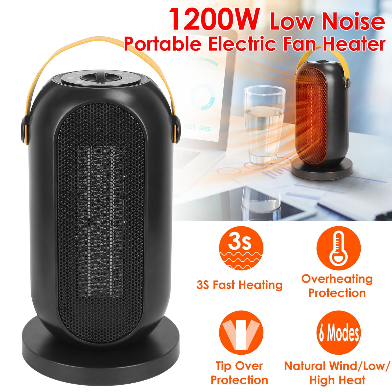 1200W Portable Electric Fan Heater PTC Ceramic Oscillation Heating Cool Fan Overheating Tip Over Protection 3S Heating Space For 322 Sq FT Home Office