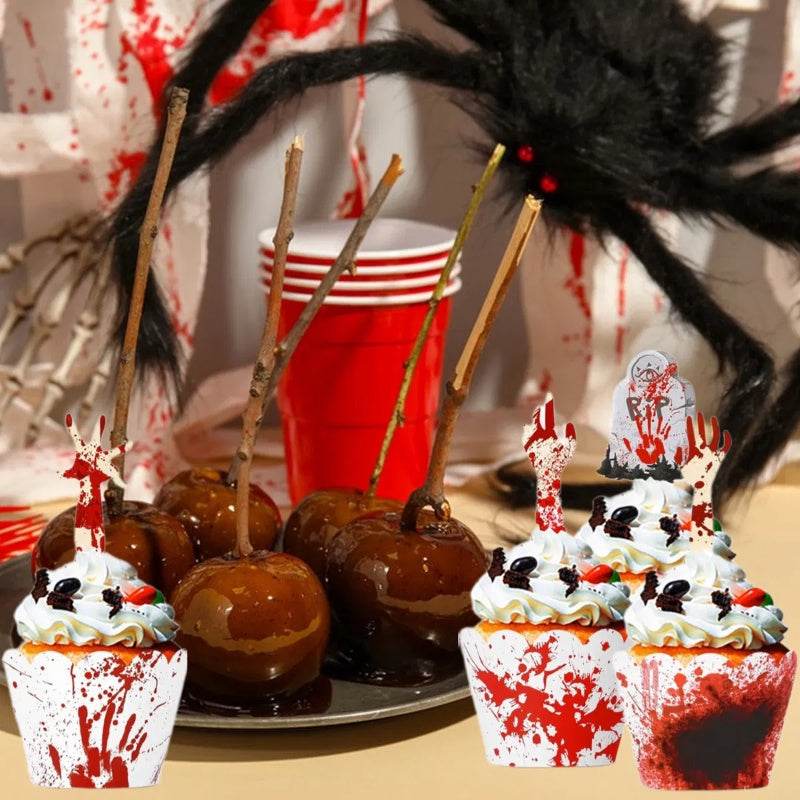 48Pcs Halloween Cupcake Toppers Wrappers Rip Kit Bloody Zombie Hand Cupcake Pick Decorations For Halloween Horror Movie Bloody Theme Birthday Party Cake Decorations Supplies 