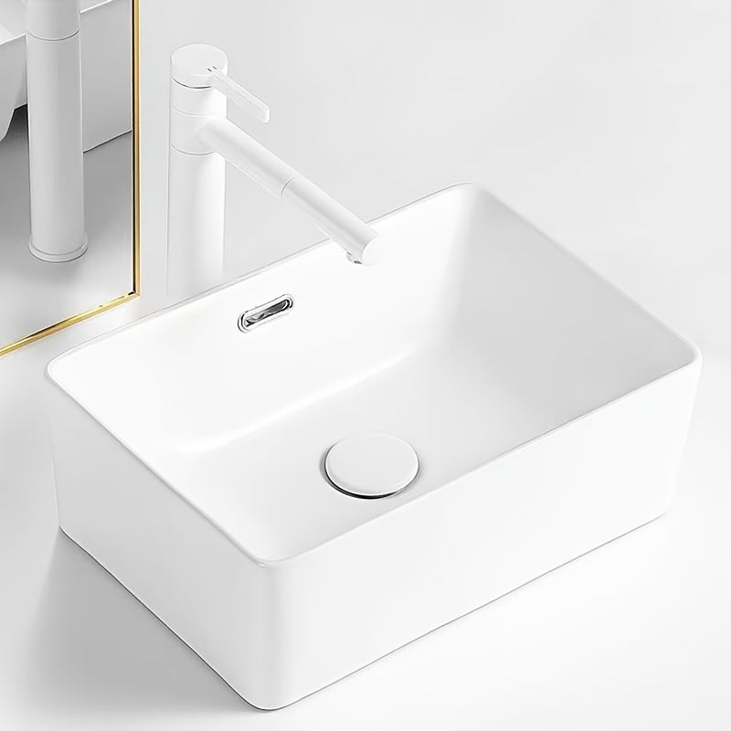 Modern Nordic Style Ceramic Vanity Sink - Rectangular Countertop Basin with Black Faucet for Home, Hotel, or Bathroom - Classic White Design, Freestanding Installation, Bathroom Sink 
