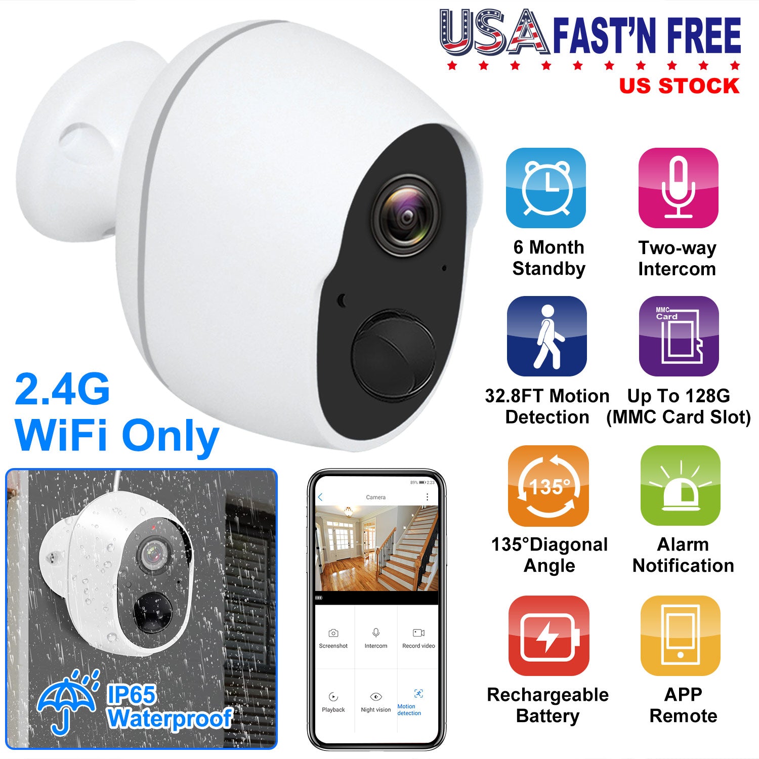 1080P WiFi IP Camera PIR Motion Detection IR Night Vision Camcorder IP66 Waterproof Security Surveillance Camera App Cloud Available for Indoor Outdoo