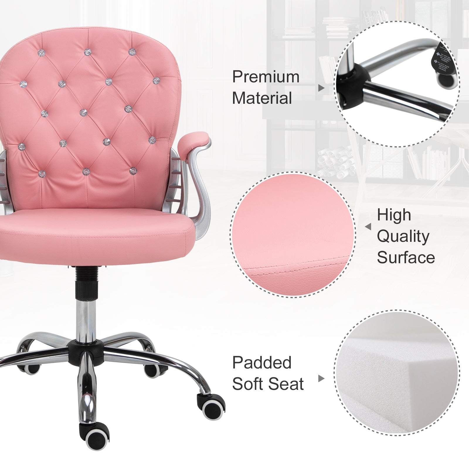 Vinsetto 360° Swivel Office Chair Vanity Style Tufted Backrest Task Chair with Height Adjustable, Armrests and Thick Padding, Pink 