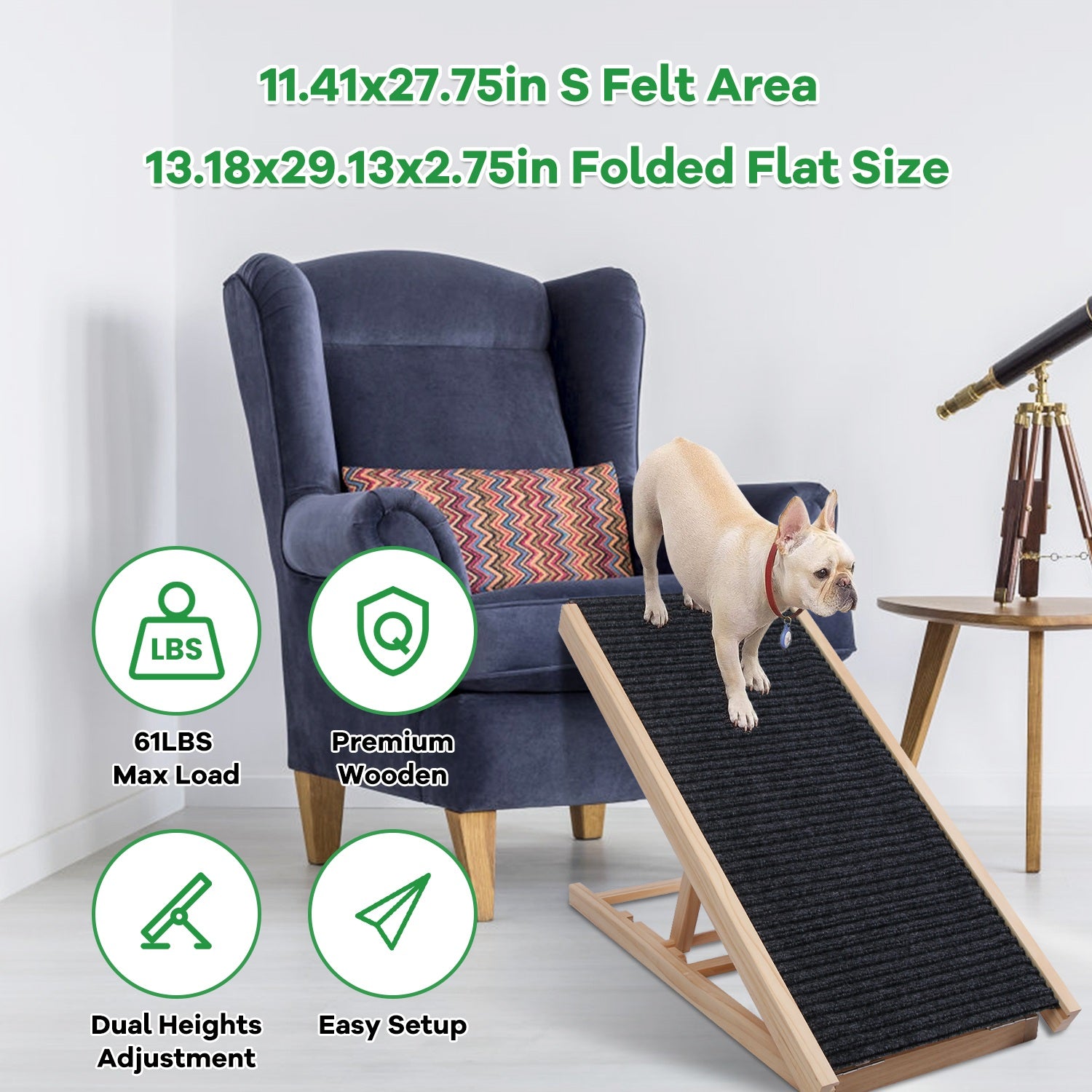 Foldable Wooden Dog Ramp for High Beds Non Slip 4 Heights Adjustable Pet Cat Ramp for Couch Car SUV 176LBS Load