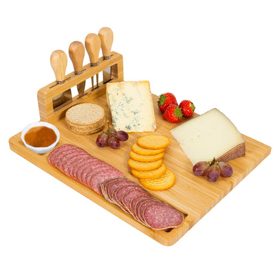 Bamboo Cheese Board Charcuterie Cheese Platter Board Serving Tray with Cutlery Set for Wedding Birthdays Christmas 