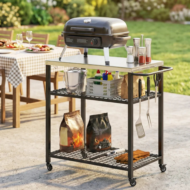 Outdoor Grill Cart with Stainless Steel Top, Two-Shelf Pizza Oven Stand, Food Prep Table on Wheels, Black