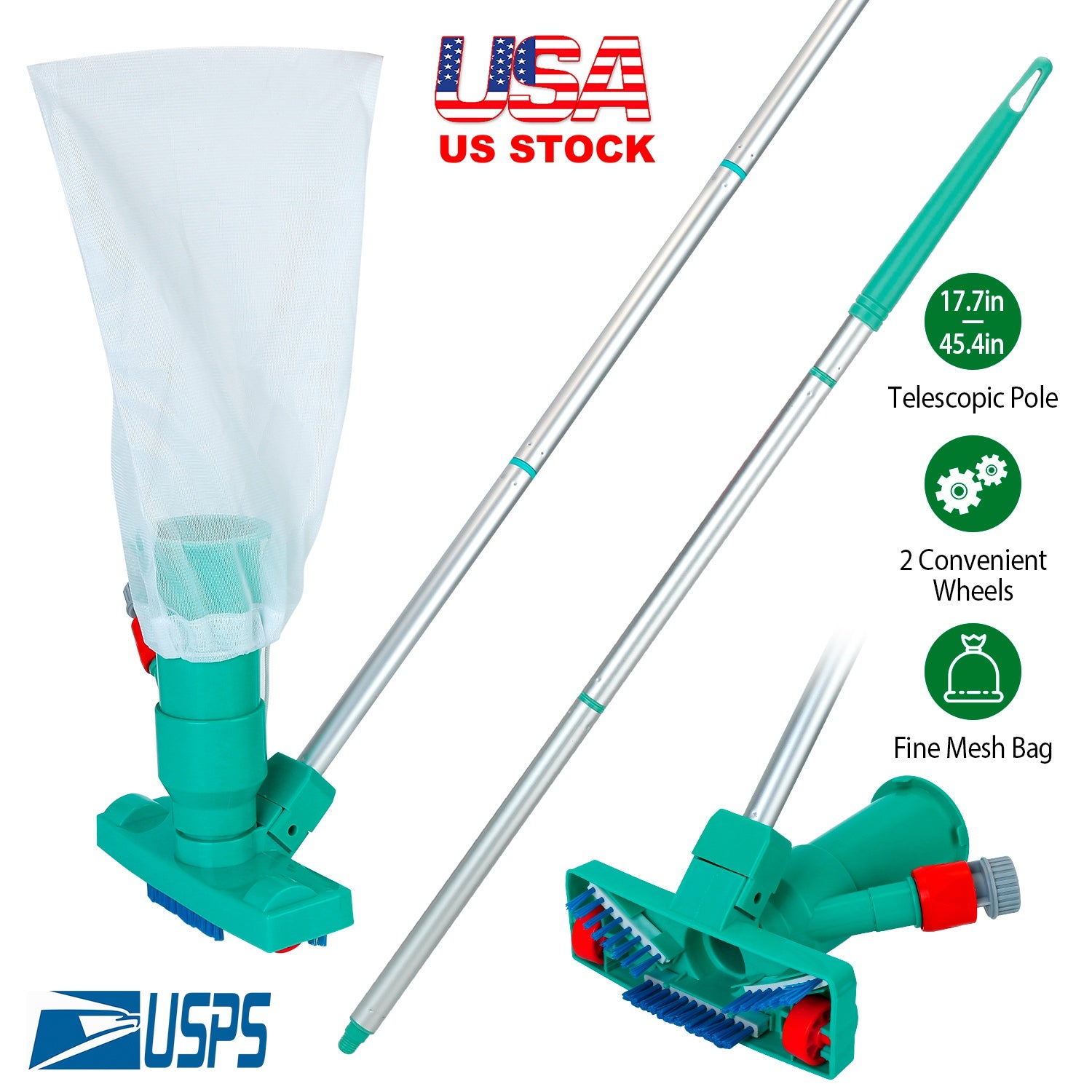 US Swimming Pool Vacuum Head Brush Cleaner Telescopic Pole Fountain Cleaning Tool w/ Bag For Above Ground Pool Spas Ponds