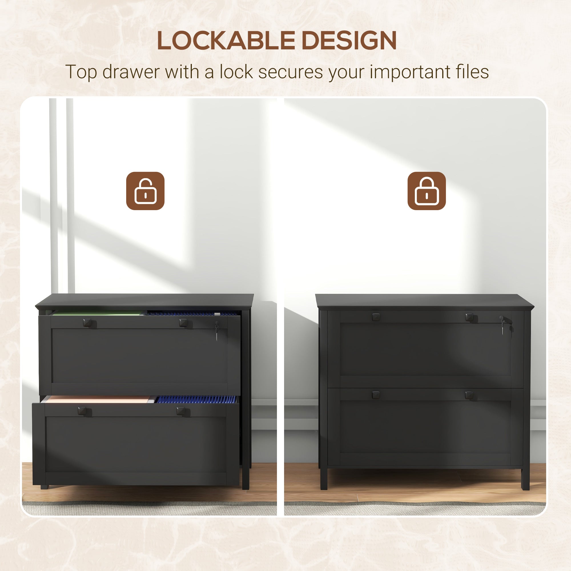 HOMCOM Lockable 2 Drawer File Cabinet for Letter, A4, Legal Size Documents with Adjustable Hanging Bar in Black 