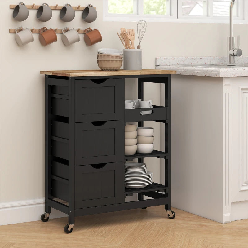Kitchen Cart on Wheels, Rolling Kitchen Island Cart with Wood Top, 3 Drawers and Shelves for Home Dining Area, Black