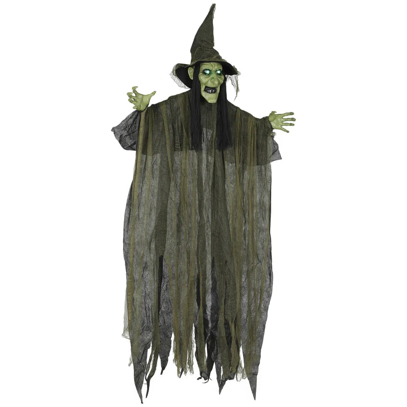 Outsunny Animated Hanging Witch – Voice-Activated, Flashing Eyes & Wicked Laughter, Green Halloween Prop 