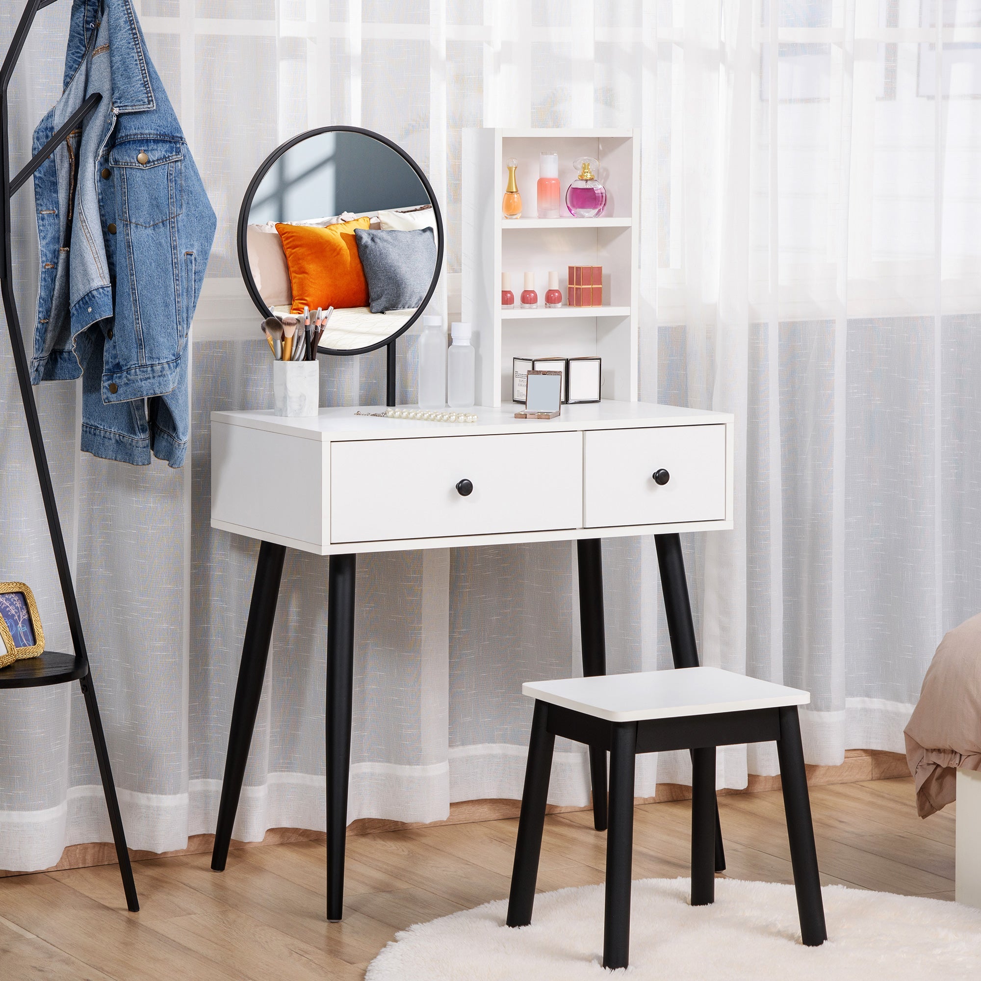 HOMCOM Stylish Vanity Set Makeup Dressing Table with Stool Wood Desk Mirror Storage Drawers Shelf White Black for Bedroom 