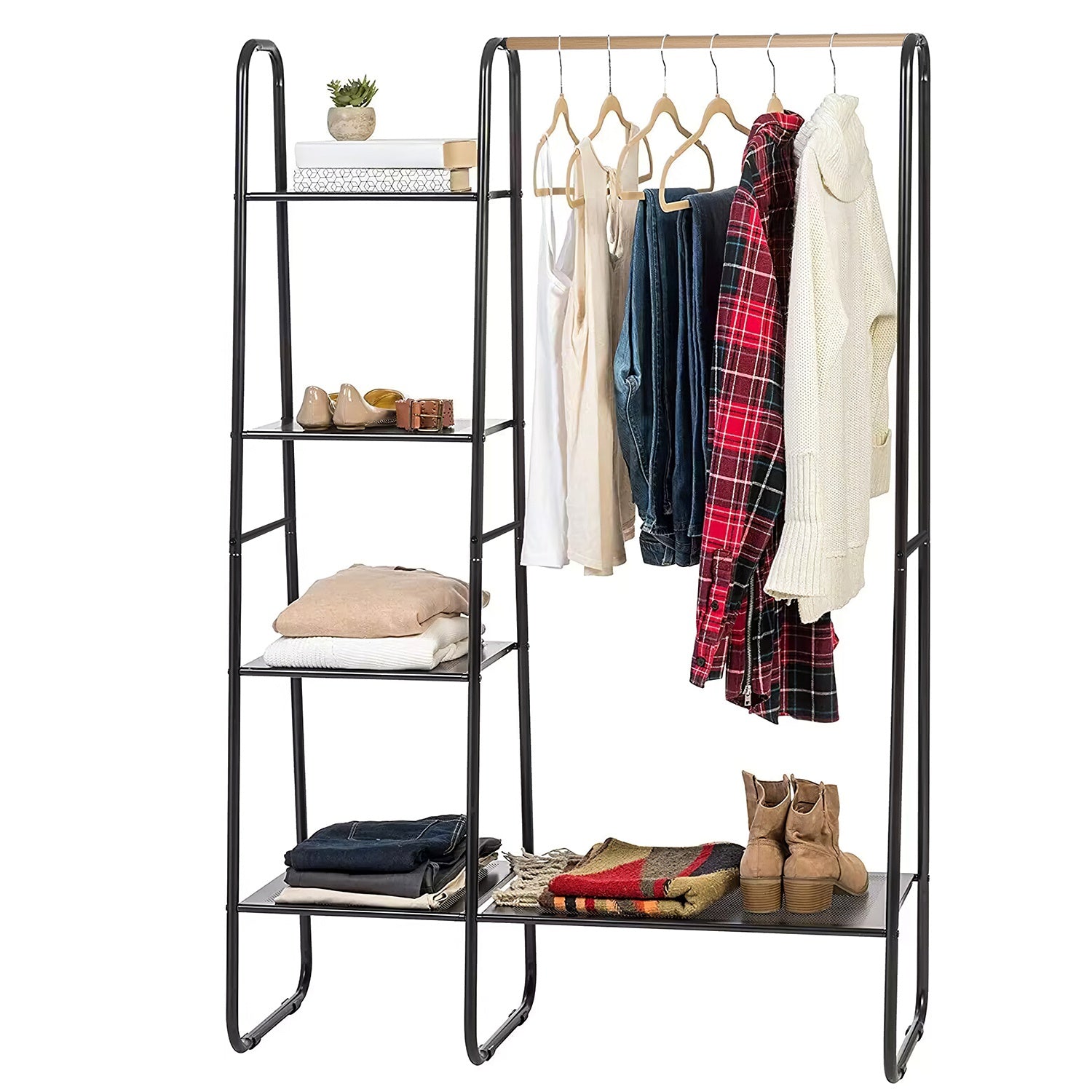 Metal Garment Hanging Rack Shoe Clothing Organizer Shelves Freestanding Clothing Hanging Rail Clothes Wardrobe Shoe Display Organizer with 1 Hanging R 