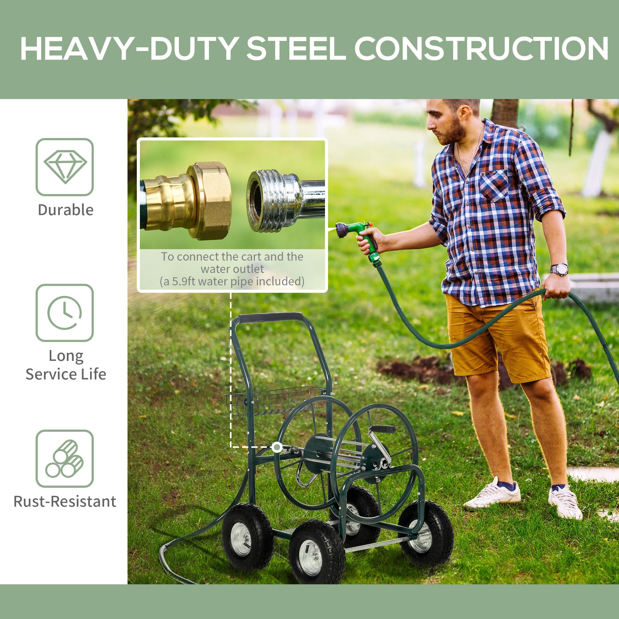 Outsunny Garden Hose Reel Cart, Portable Hose Organizer with Hose Guide System, 4 Wide Wheels & Storage Basket, Farm 