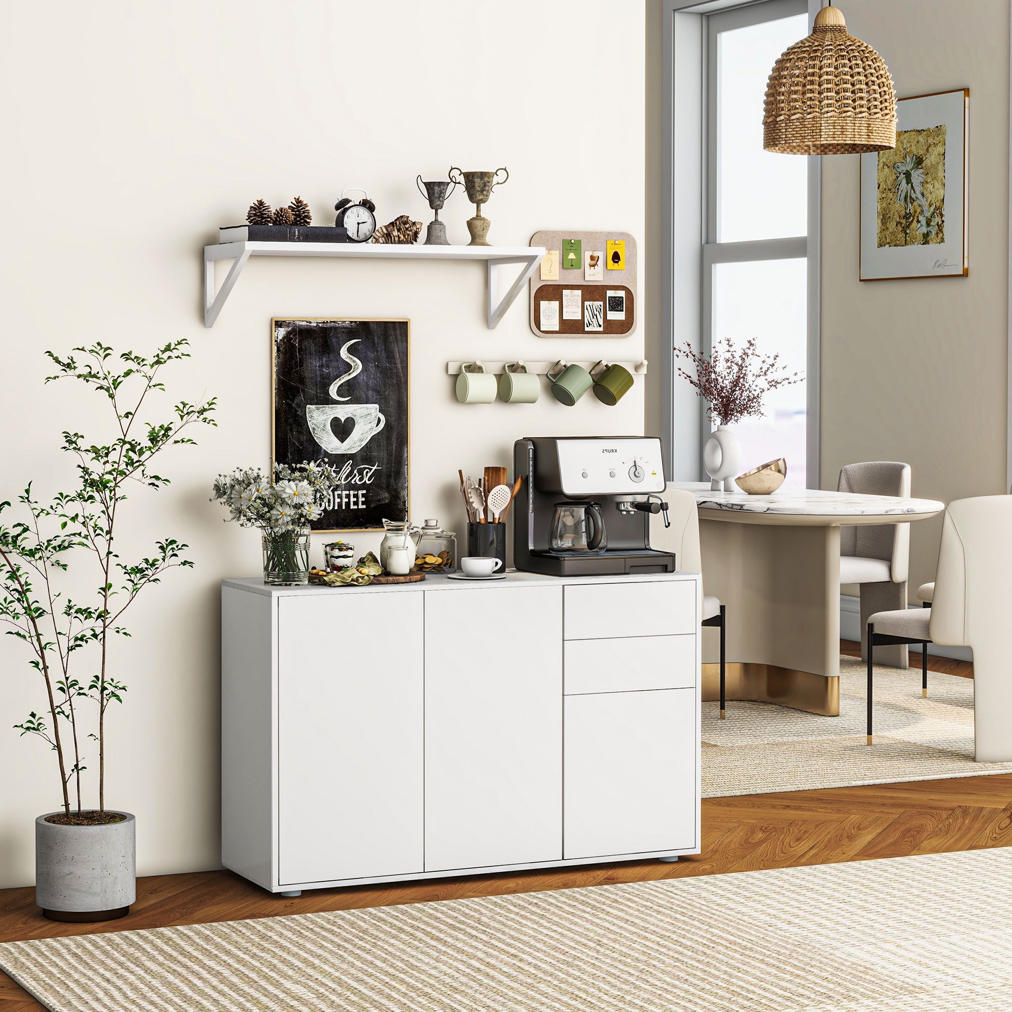 HOMCOM Kitchen Buffet Cabinet Modern Coffee Bar Push-Open Design 2 Drawers Living Room White 