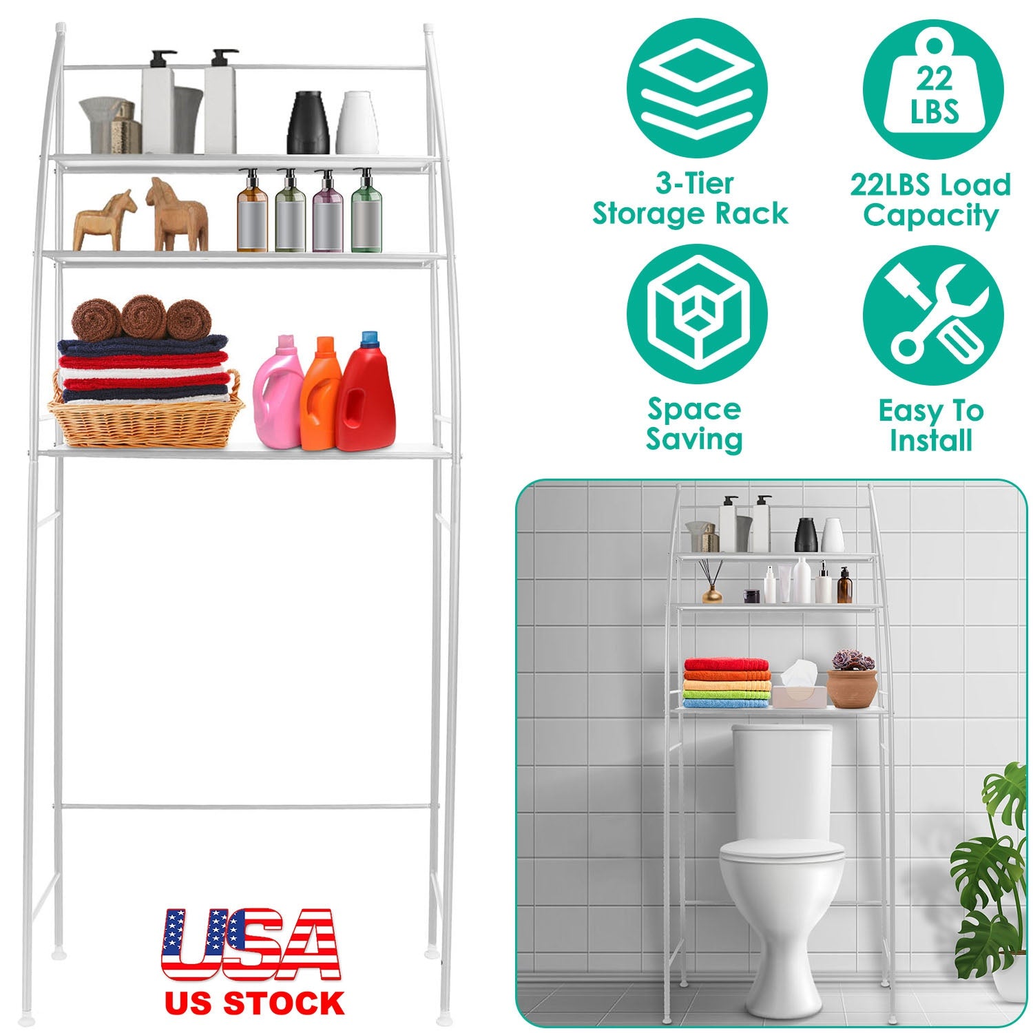 3 Tier 25.59x9.84x66.14in Bathroom Over the Toilet Storage Shelf Free Standing Laundry Room Organizer Space Saver Rack