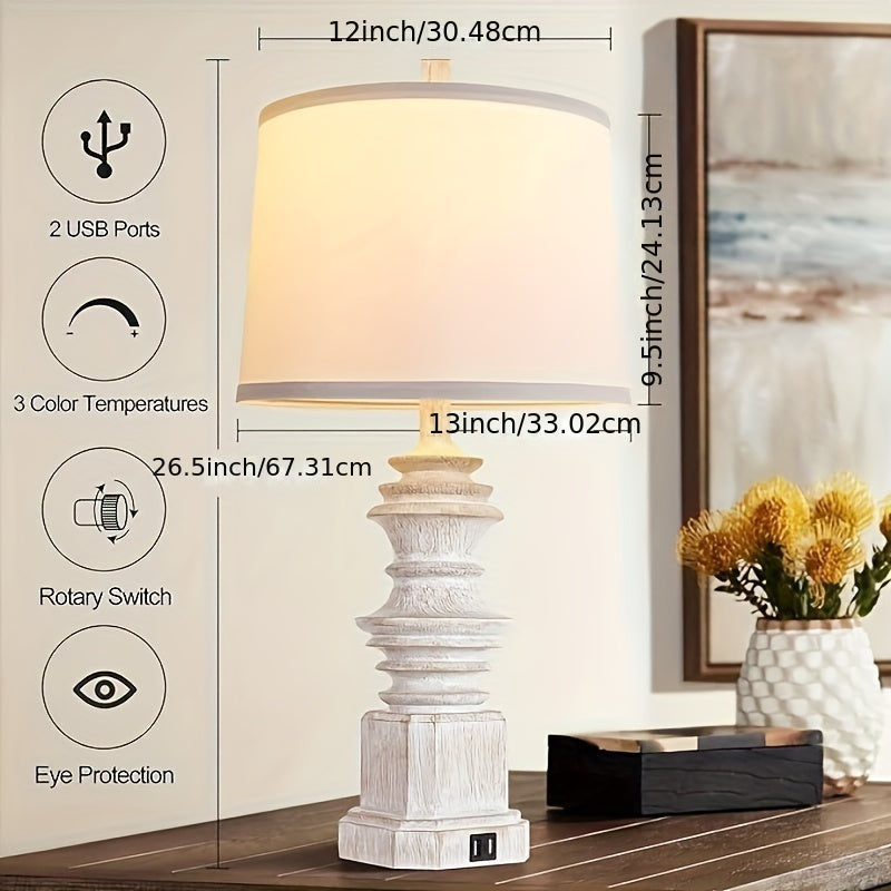 Set of 2 Bedside Table Lamps – Farmhouse Style with Dual USB Ports, White Fabric Shade & 3-Color Mode Bulbs – Perfect for Nightstands, Bedrooms, or Living Rooms 