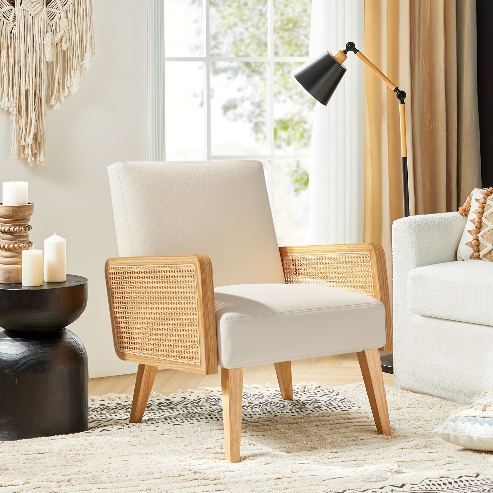 Beige Mid-Century Modern Accent Chair with Rattan Armrests & Wood Legs – Ergonomic Upholstered Lounge Chair for Living Room, Bedroom, or Hosting Spaces, Lightweight & Comfortable Design, Chair Furniture 