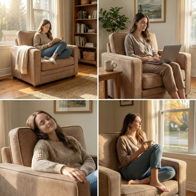 Accent Chair, Velvet-feel Fabric Armchair with Wide Seat, Spring Cushion, Solid Wood legs, Brown