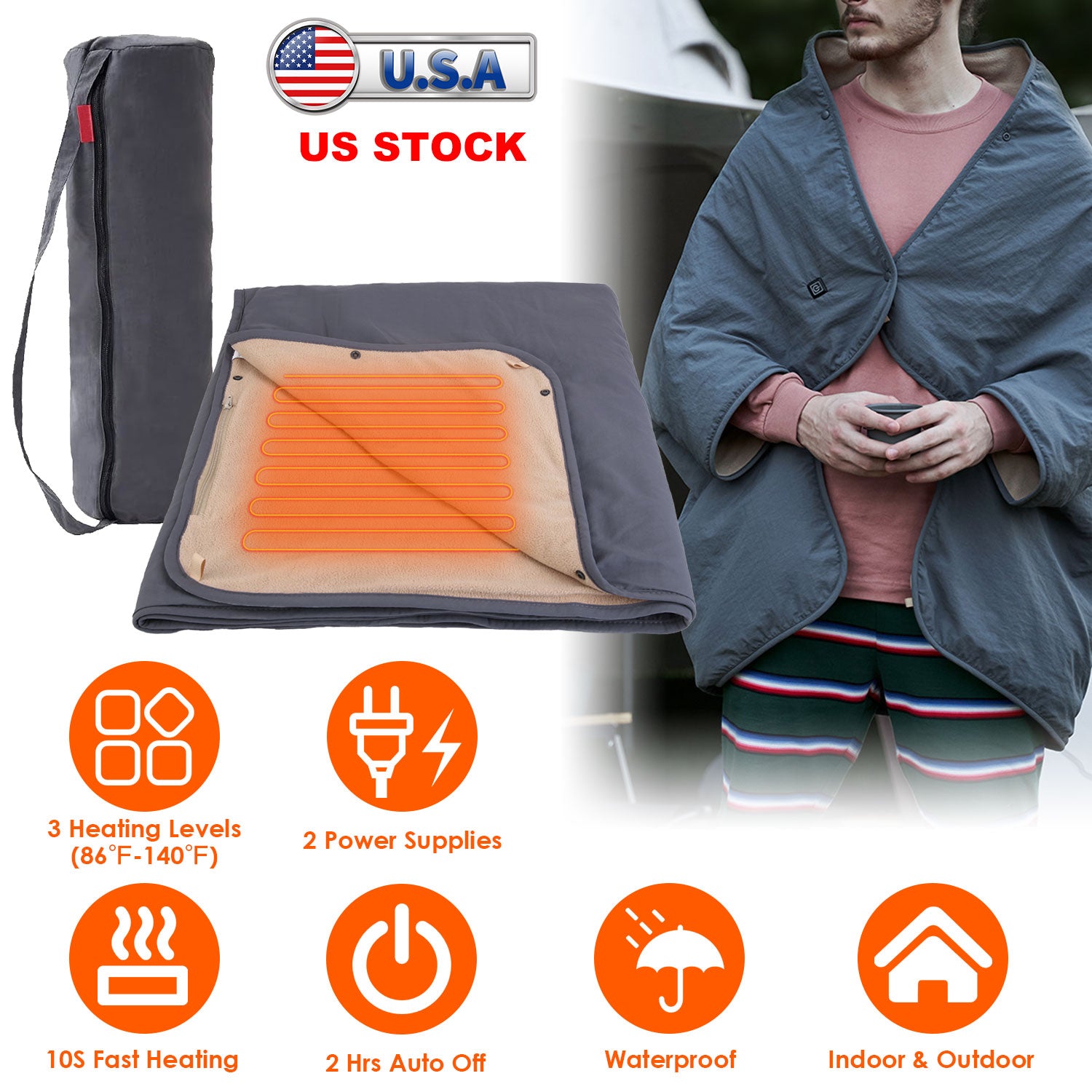 Electric Heated Throw Full Body Heated Shawl Indoor Outdoor Heated Blanket with 3 Heating Levels 2Hrs Auto Off Machine Washable Waterproof 53.5x37.8in