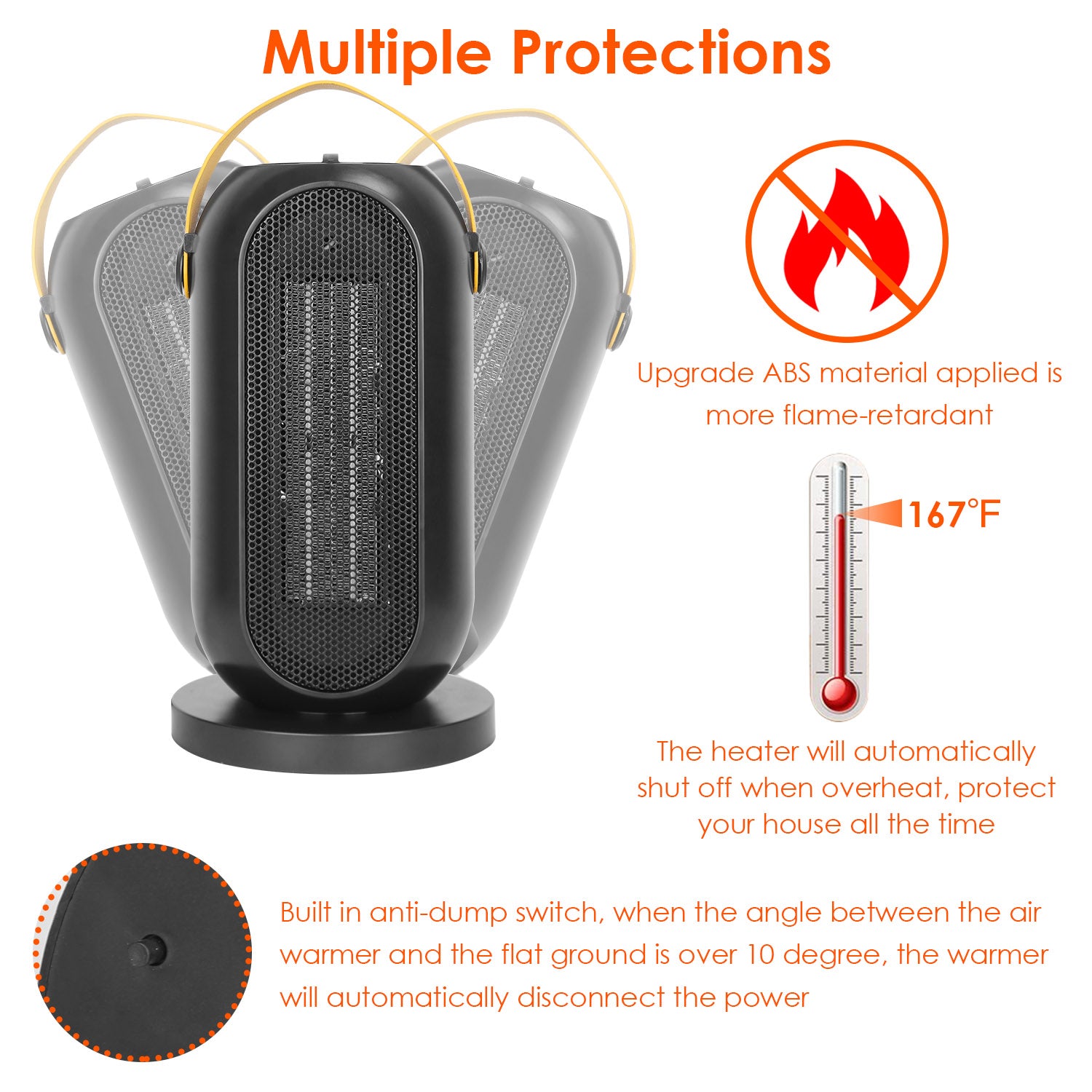 1200W Portable Electric Fan Heater PTC Ceramic Oscillation Heating Cool Fan Overheating Tip Over Protection 3S Heating Space For 322 Sq FT Home Office