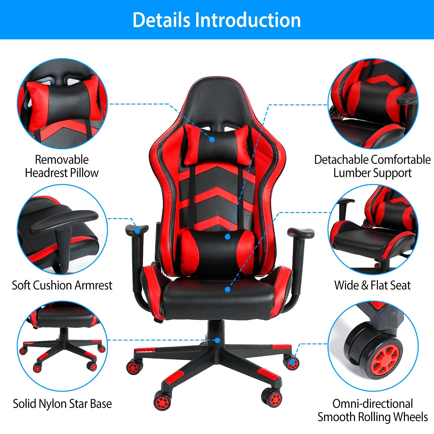 Gaming Racing Chair Ergonomic PC Computer Chair E-Sports Gamer Office Task Swivel Chair w/ Height Adjustment Headrest Lumbar Support 265lbs Load Capac