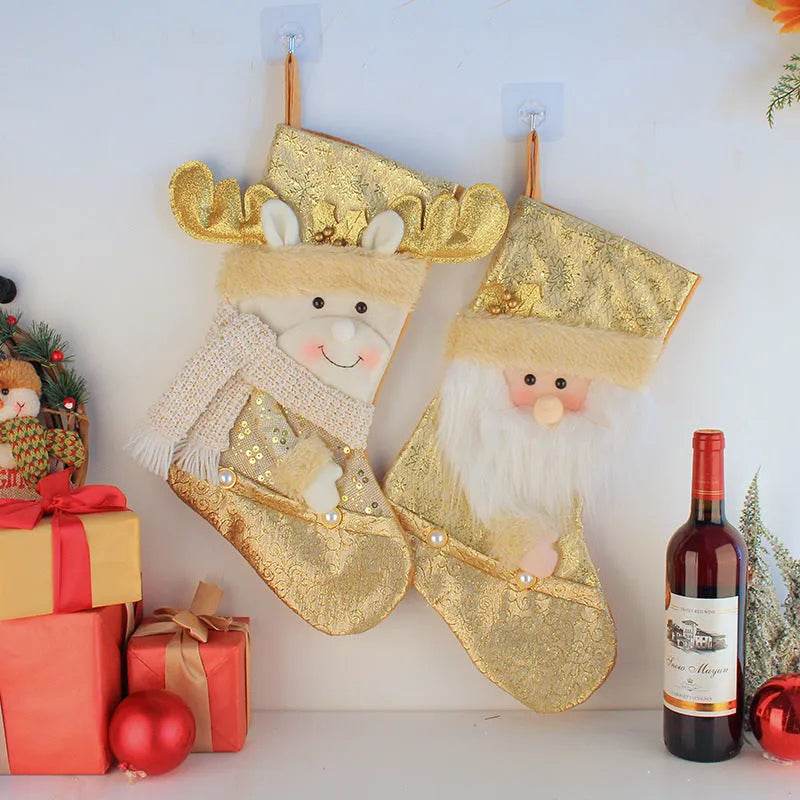 Santa Snowman Gold Christmas Stockings Pendant Candy Bag 