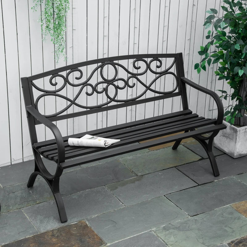 50" 2-Seater Outdoor Garden Bench Antique Loveseat with Armrest for Yard, Lawn, Porch, Patio, Steel/ Black