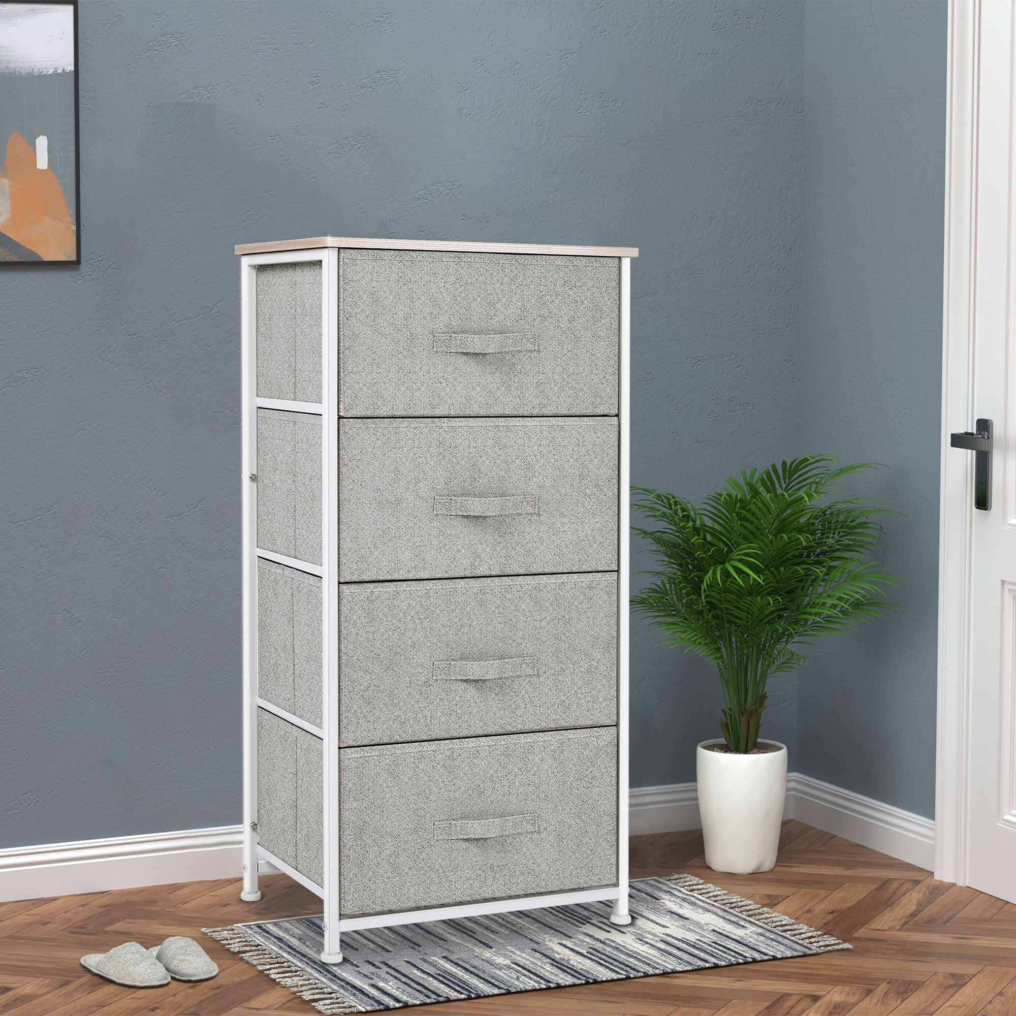 HOMCOM Linen Fabric Storage Solution: Drawer Cabinet Organizer with 4 Removable Drawers and Metal Frame for Living Room, Kitchen, Grey 