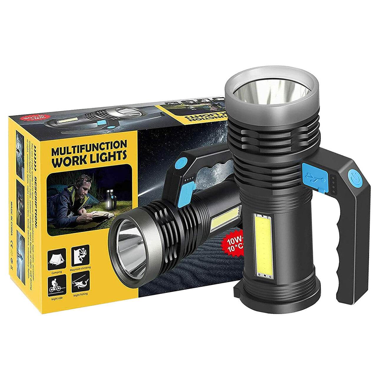 LED Flashlight USB Rechargeable Torch COB Spotlight Camping Light High Lumens Emergency Lamp 3 Modes Waterproof 