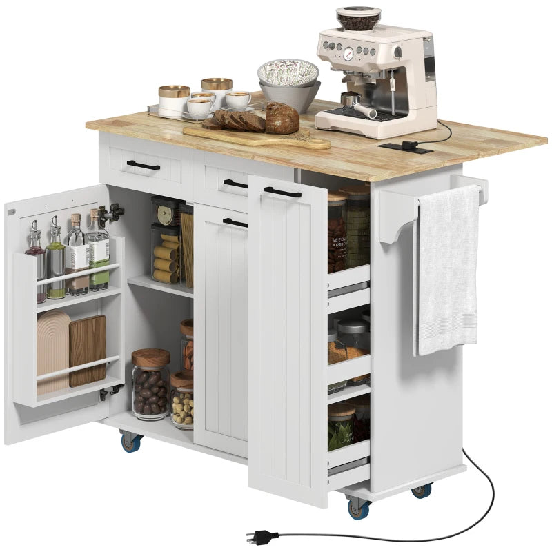Kitchen Island on Wheels with Wood Drop Leaf, Charging Station, Rolling Kitchen Cart with Adjustable Shelf, White