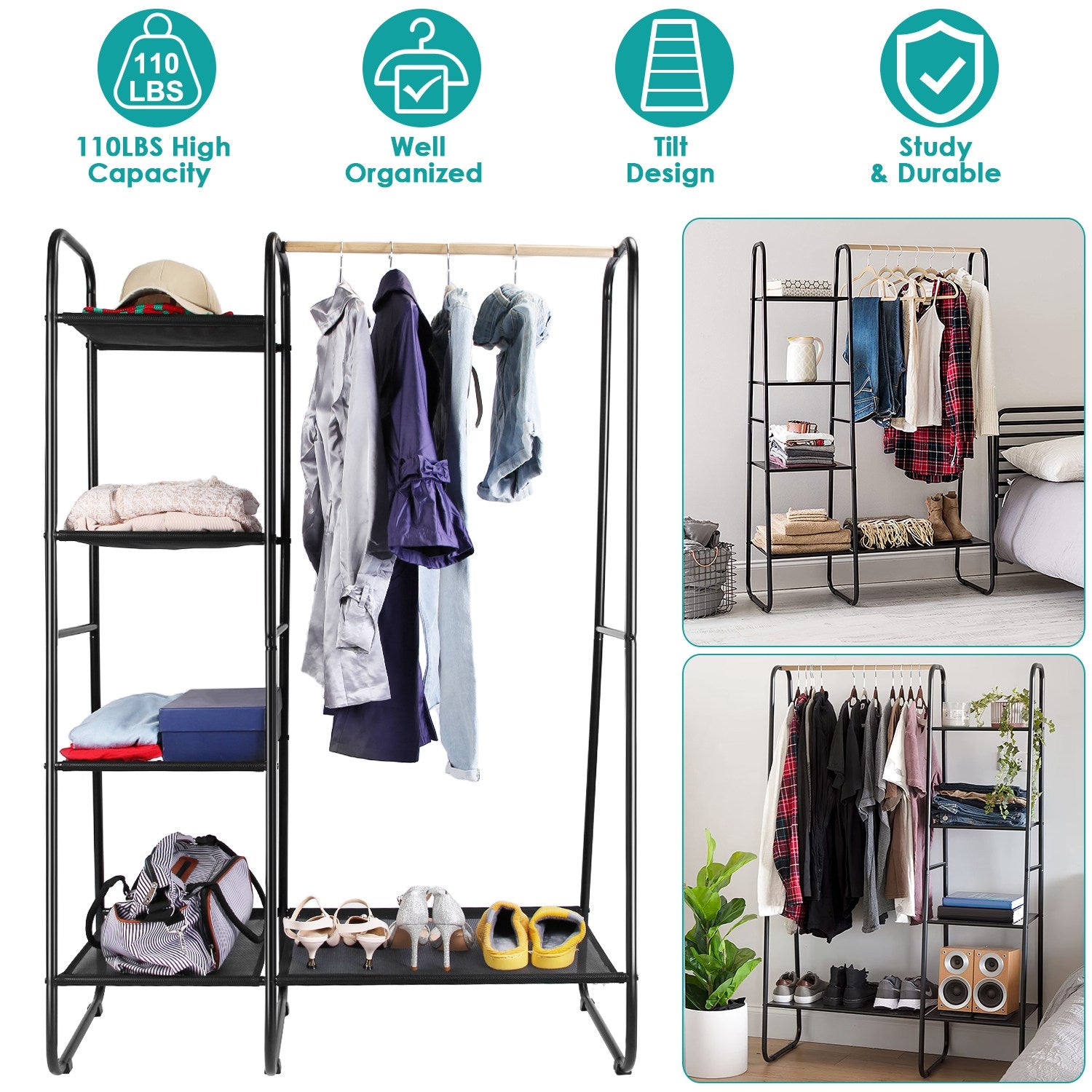 Metal Garment Hanging Rack Shoe Clothing Organizer Shelves Freestanding Clothing Hanging Rail Clothes Wardrobe Shoe Display Organizer with 1 Hanging R