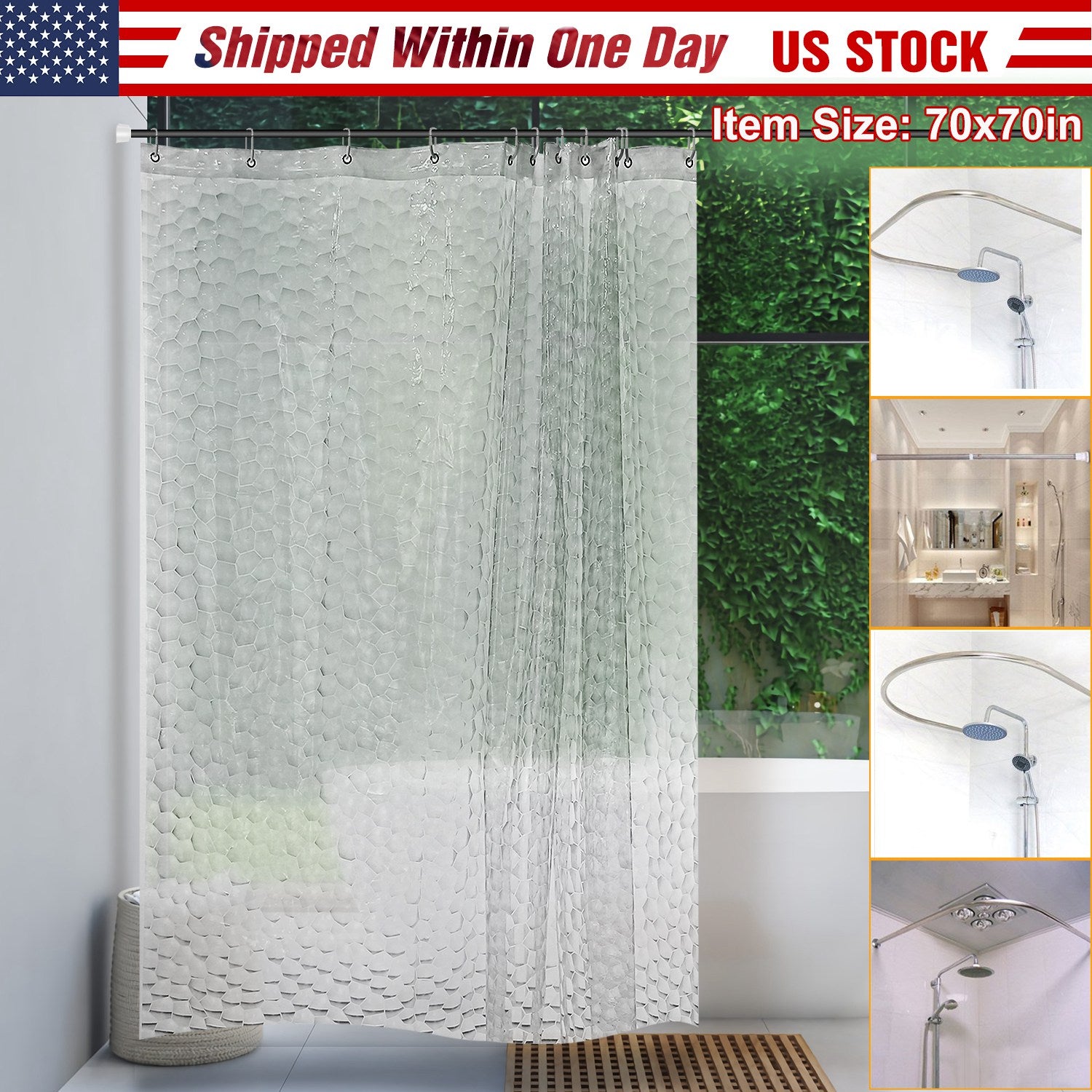 Shower Curtain Waterproof 70x70 Inches Bathroom Shower Curtain Liner EVA Bathroom Curtain w 12 Hooks for Bathtub Shower Stall