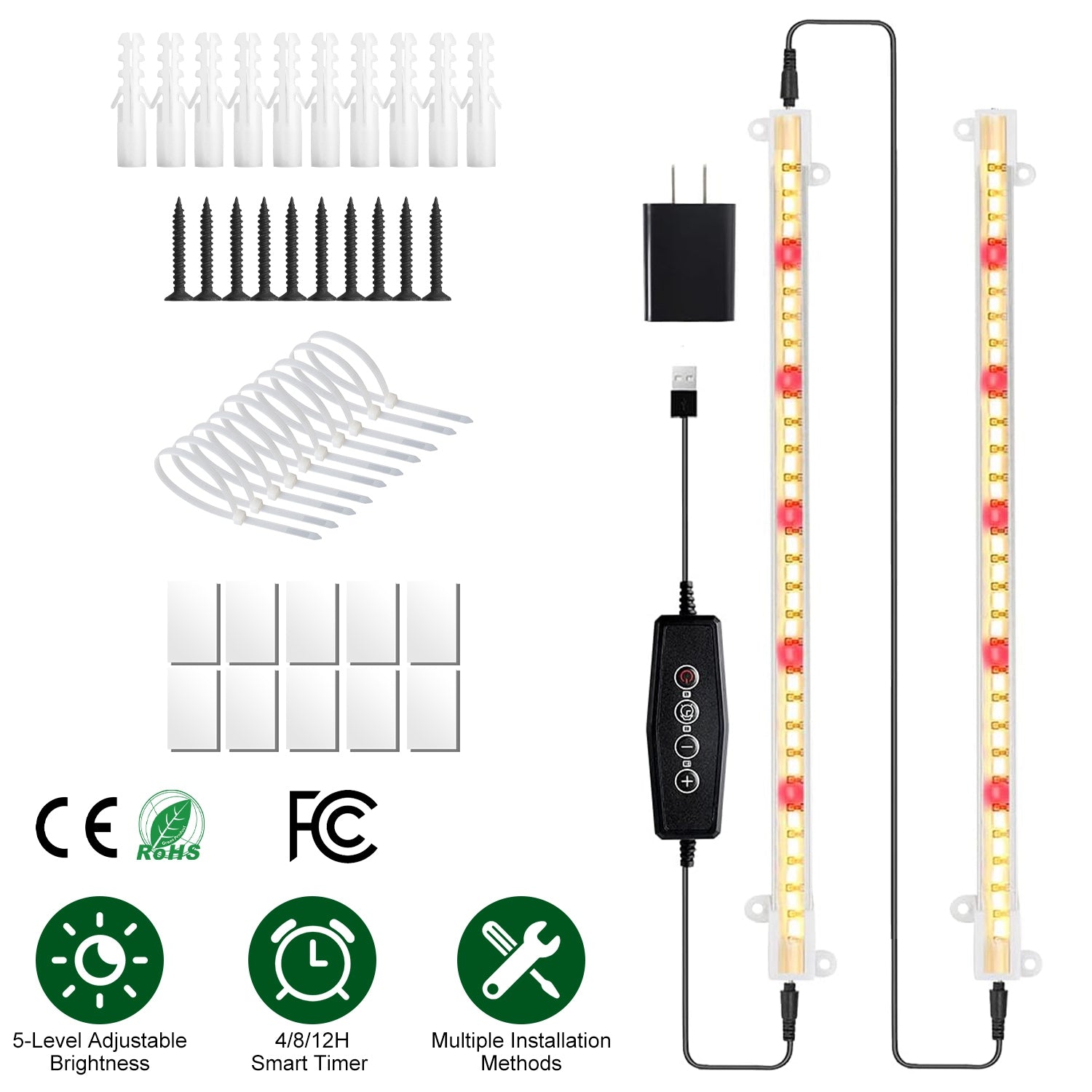 LED Plant Grow Light Strips Full Spectrum Plant Growing Lamp Bar with 2 Strips 60LEDs 4/8/12H Timer 5-Brightness Levels 