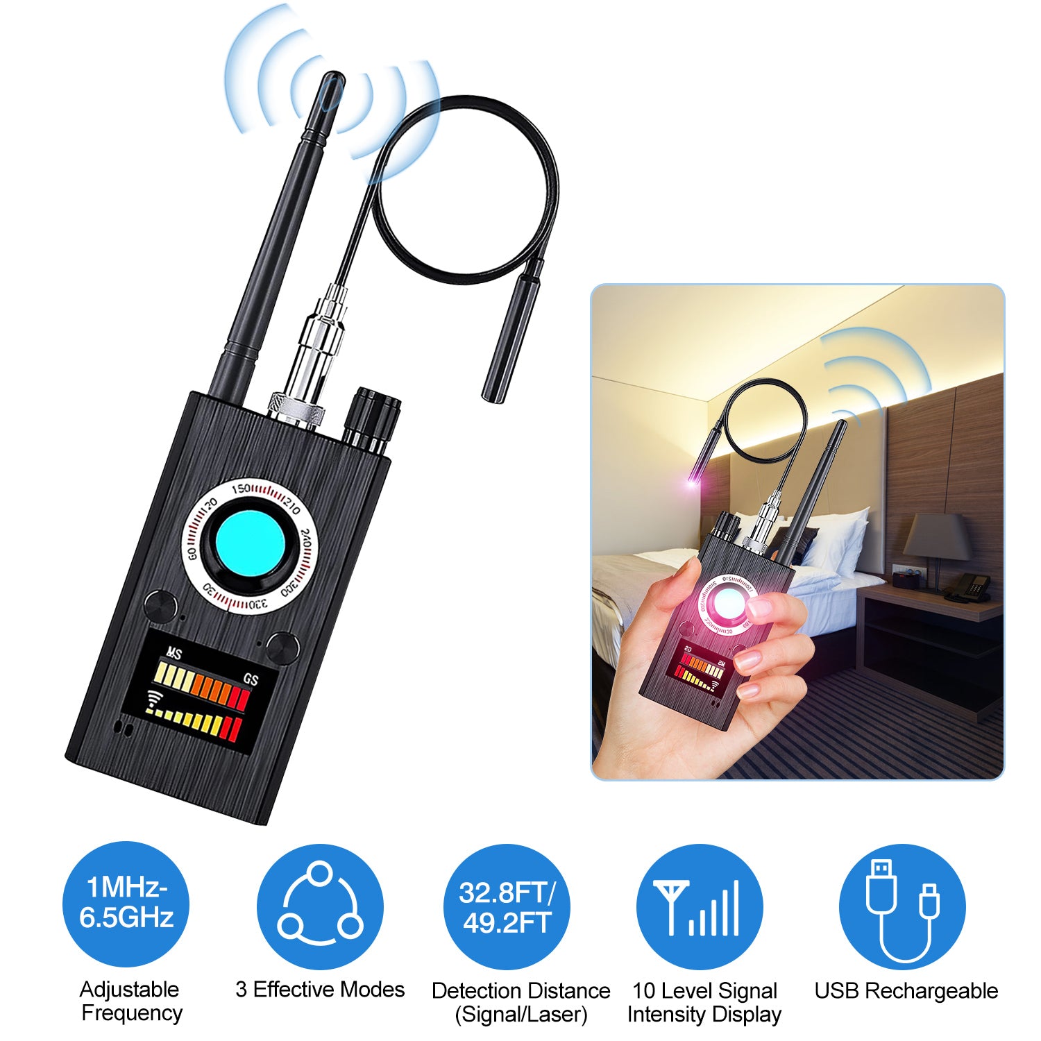 Hidden Camera Detector Anti Spy Detector RF Signal Scanner with 3 Effective Modes 1MHz-6.5GHz Frequency for GPS Trackers Eavesdropping Devices