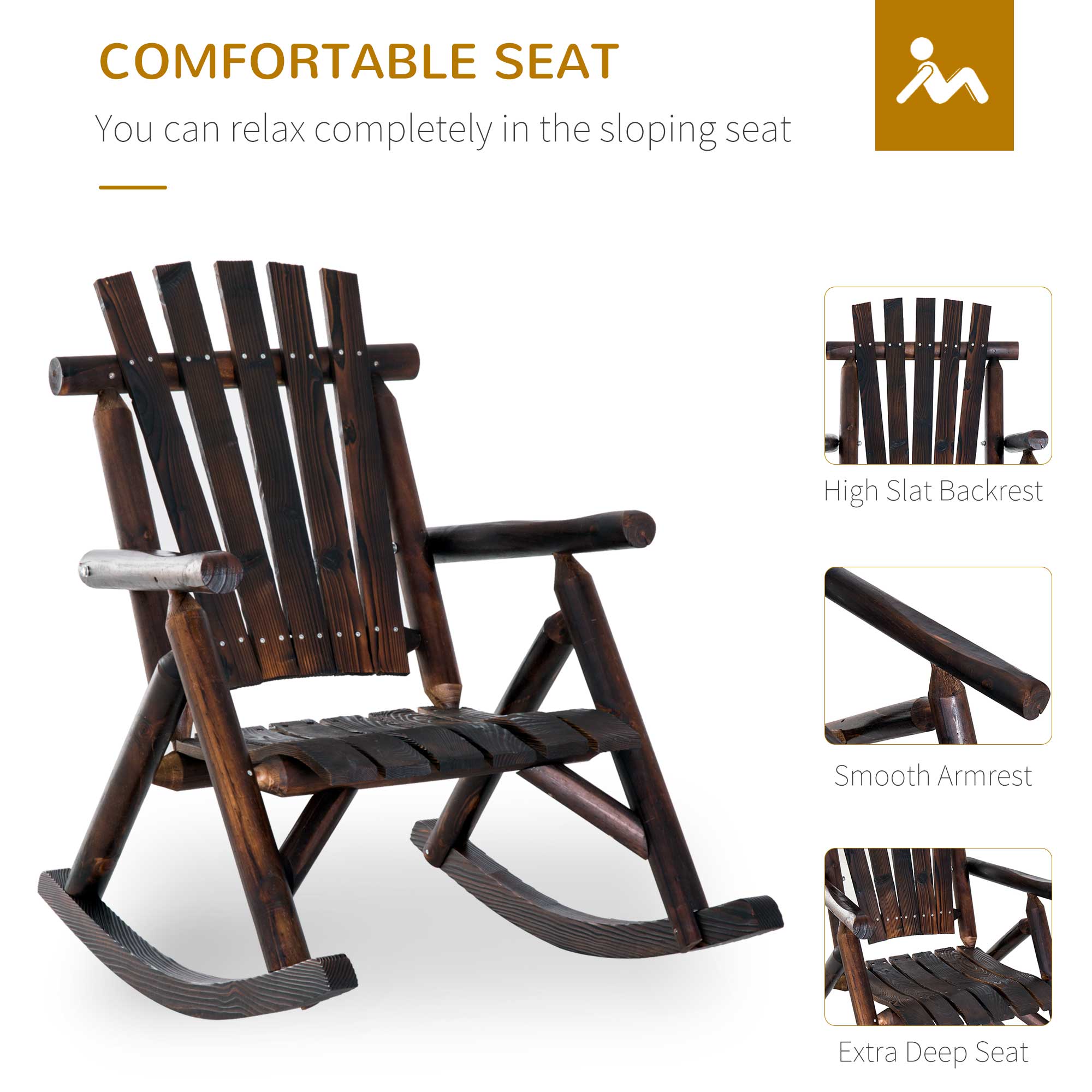 Outsunny Char Log Single Rocker Rustic Outdoor Patio Adirondack Rocking Chair Yard Furniture Fir Wood 
