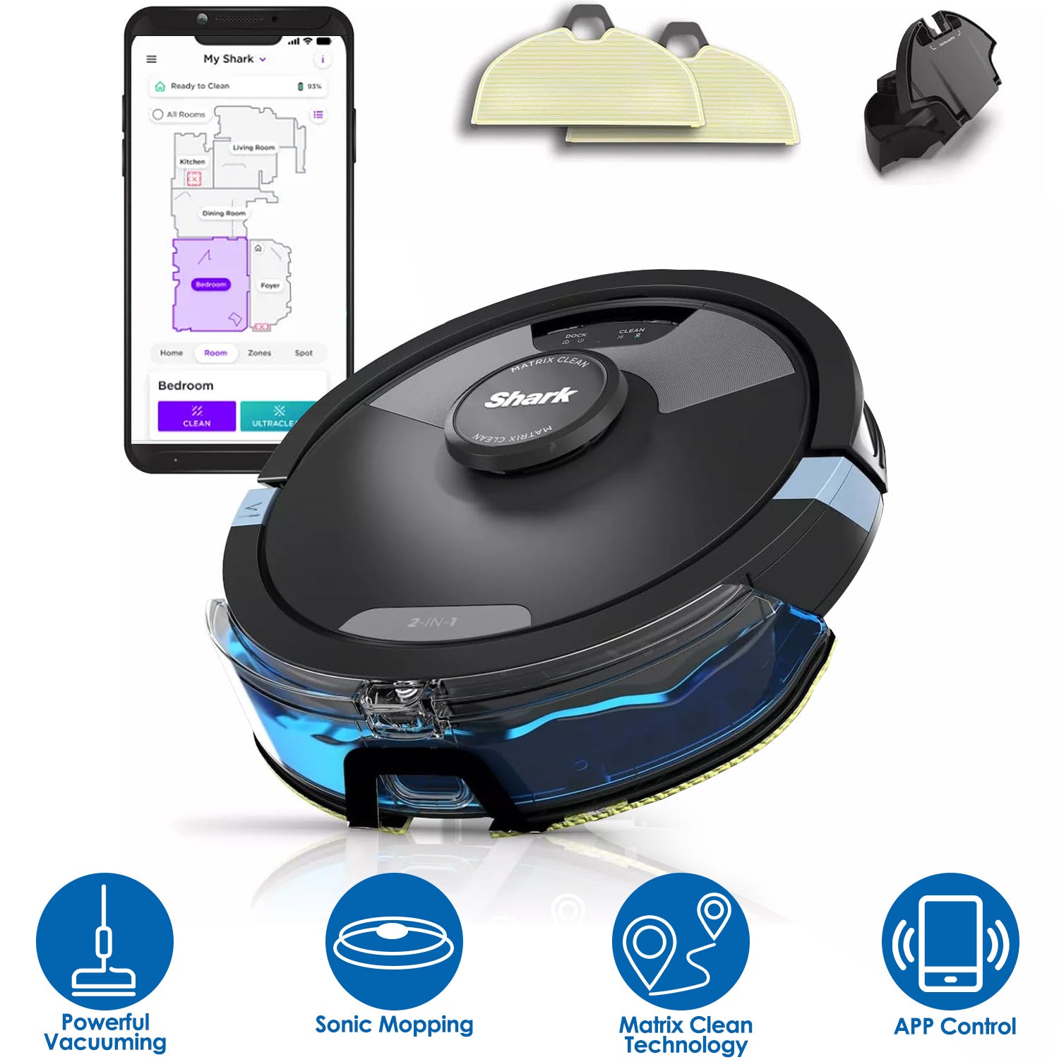 Shark RV2610WA 2-in-1 AI Robot Vacuum & Mop Matrix Robot Vacuum Cleaner with Sonic Mopping APP Control Black Refurbished