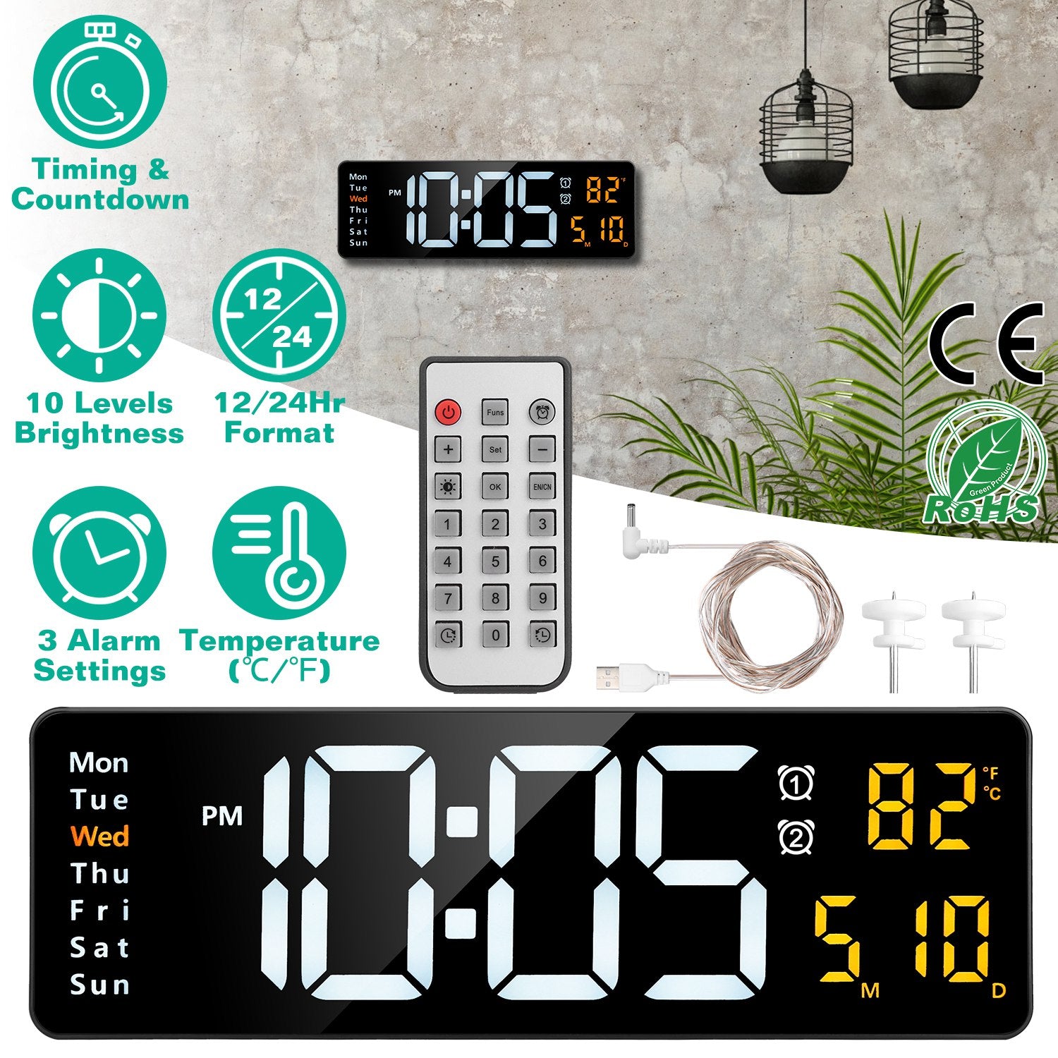 15.7in LED Digital Wall Clock with Remote Control 10 Level Brightness 3 Alarm Settings 12/24Hr Format Timing Countdown Temperature Calendar Display De