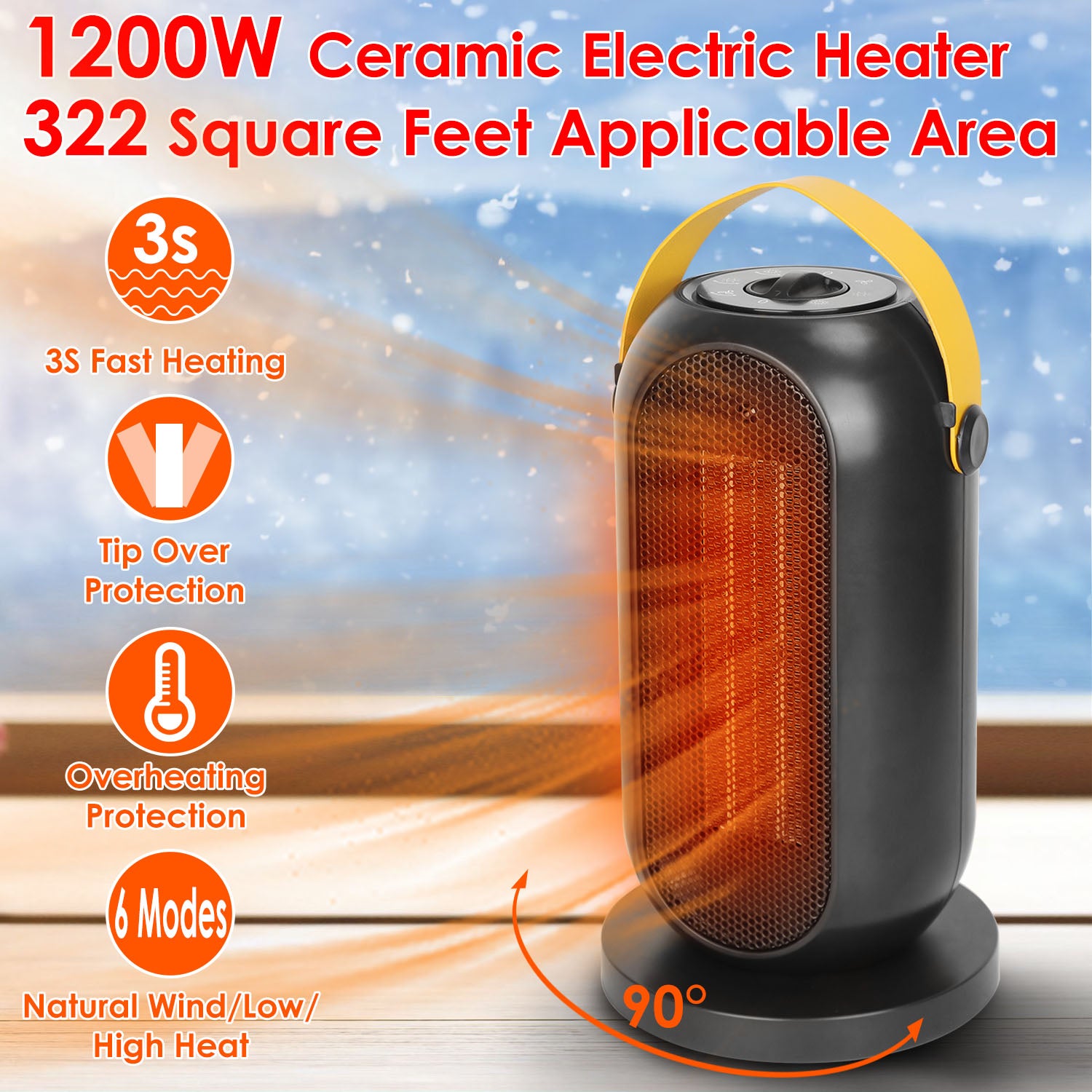 1200W Portable Electric Fan Heater PTC Ceramic Oscillation Heating Cool Fan Overheating Tip Over Protection 3S Heating Space For 322 Sq FT Home Office