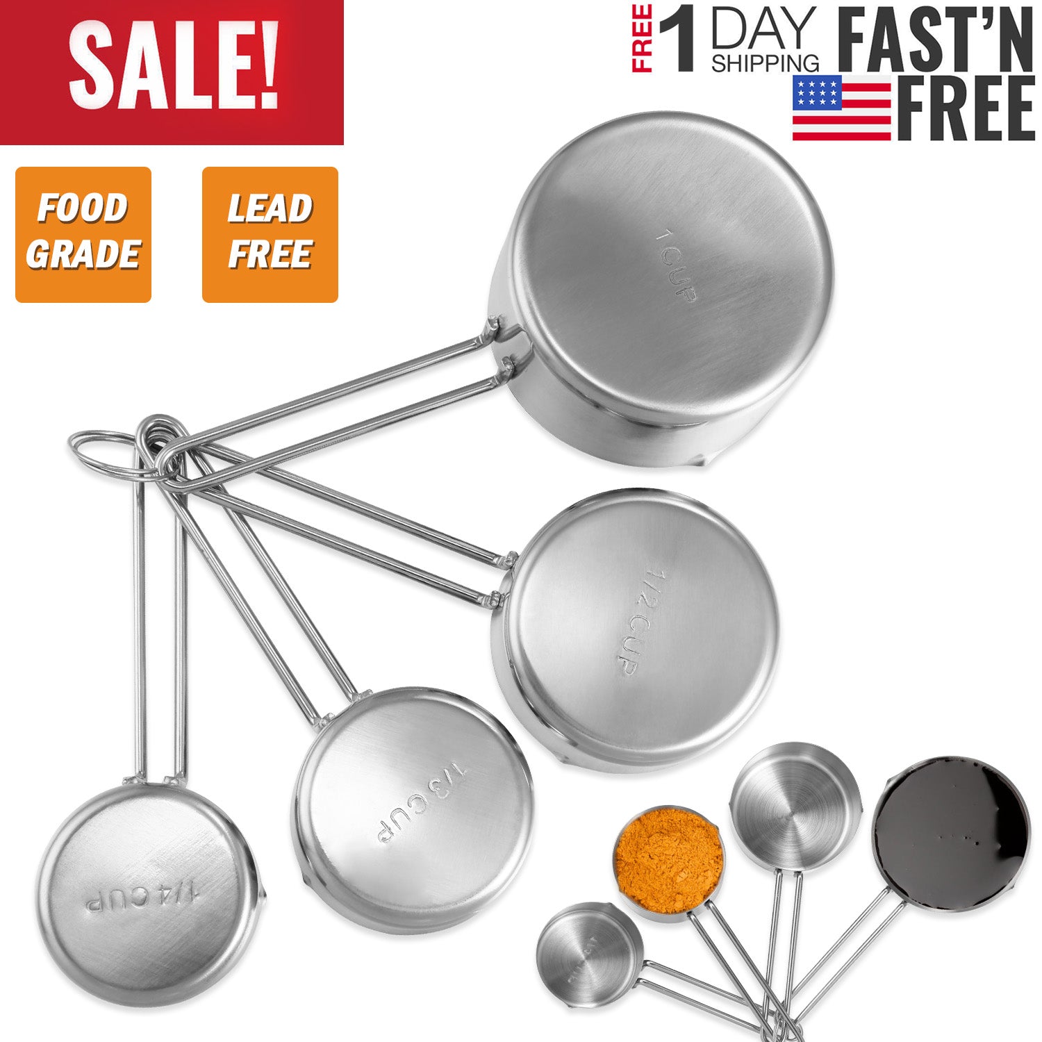 4Pcs Stainless Steel Measuring Cups Spoons Stackable Kitchen Measuring Set for Cooking, Baking, Liquid Dry Ingredients 