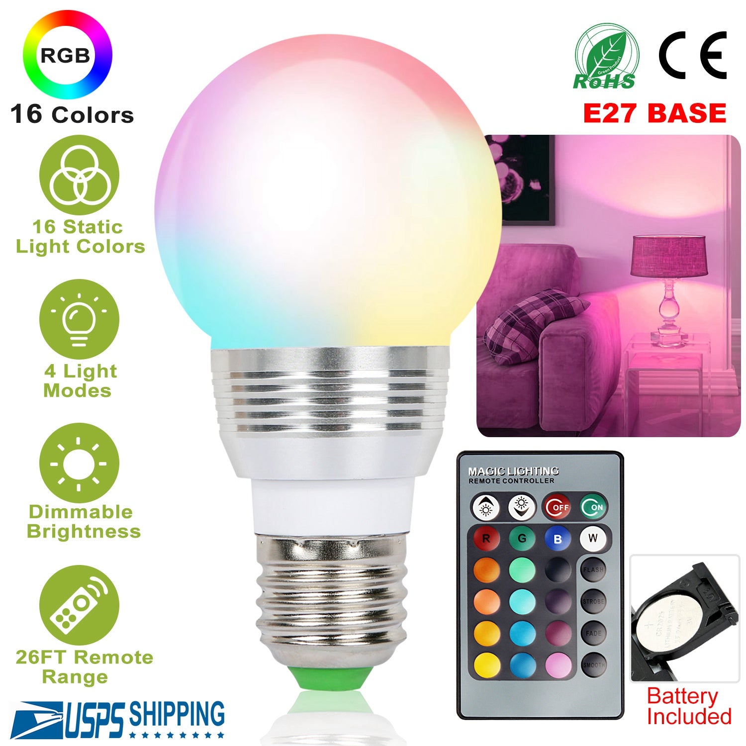 16 Colors Change LED Bulbs E27 3W RGB Dimmable Mood Lighting Lamp IR Remote Control