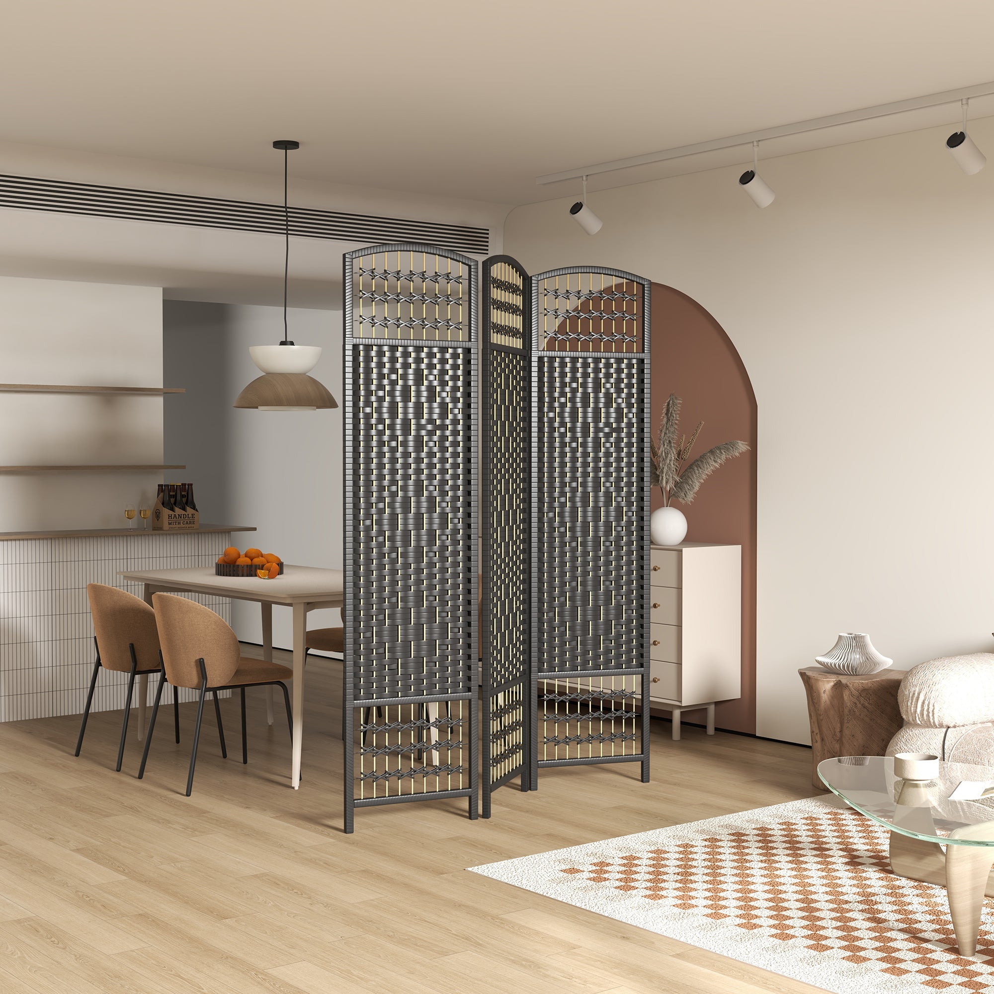 HOMCOM Contemporary Wave Design Room Separator: 3-Panel Folding Privacy Divider for Home/Office Use, Sleek Black Finish 